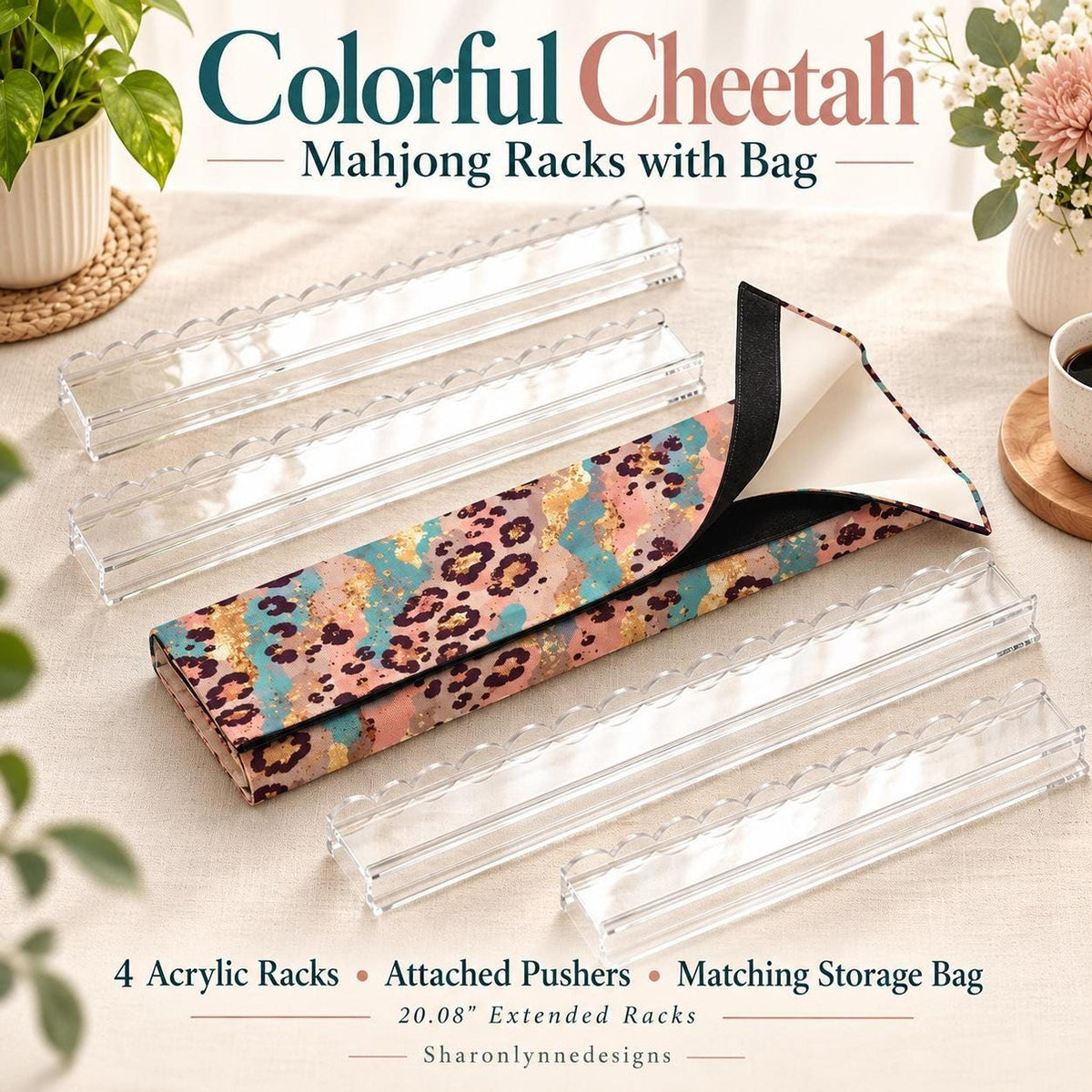 Colorful Cheetah Mahjong Racks, Set of 4 Acrylic with Pushers and Storage Bag