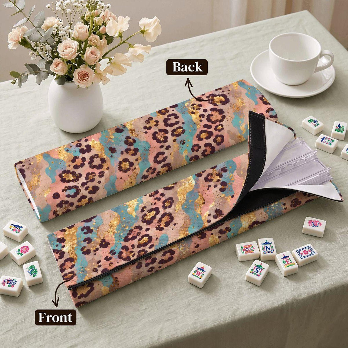 Colorful Cheetah Mahjong Racks, Set of 4 Acrylic with Pushers and Storage Bag