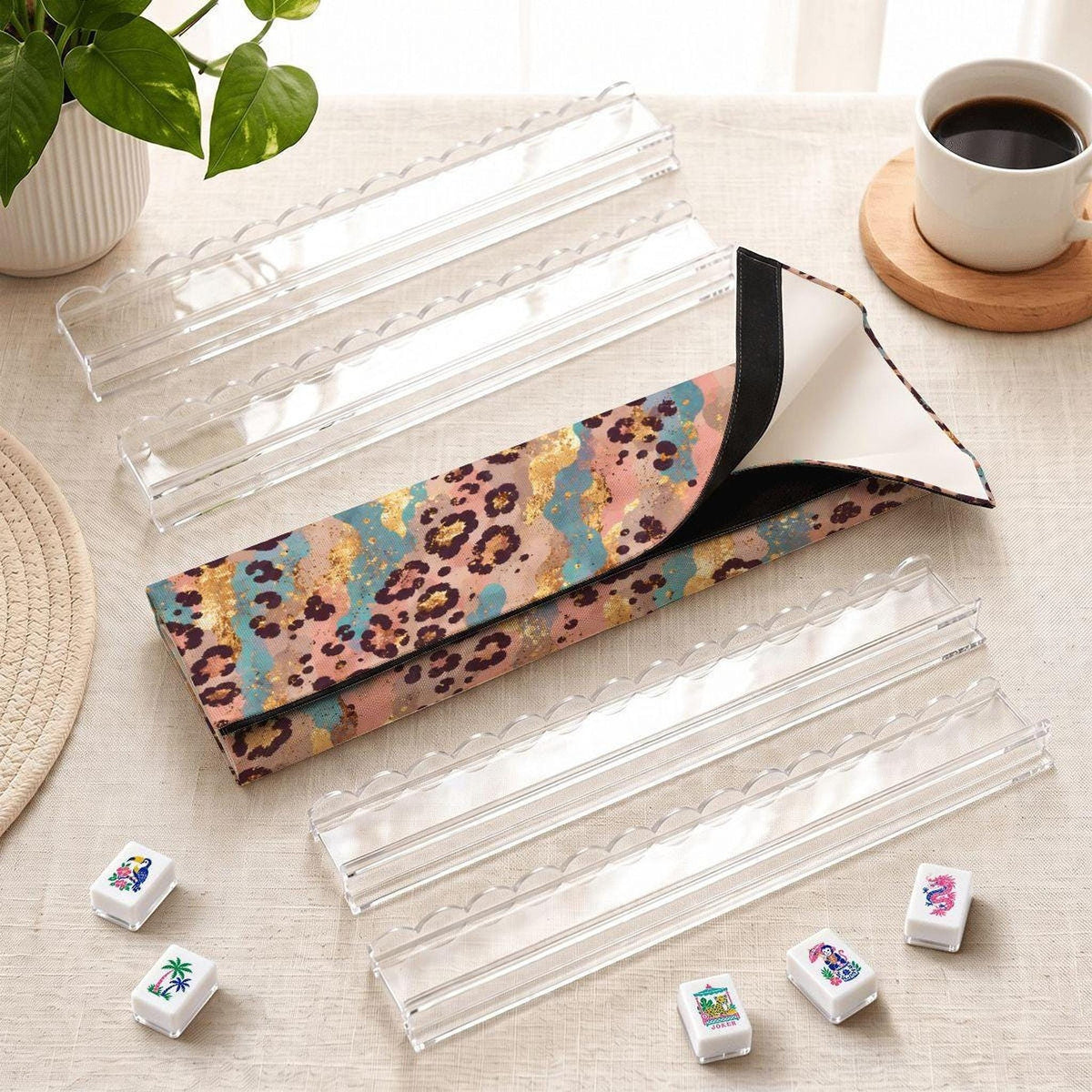 Colorful Cheetah Mahjong Racks, Set of 4 Acrylic with Pushers and Storage Bag