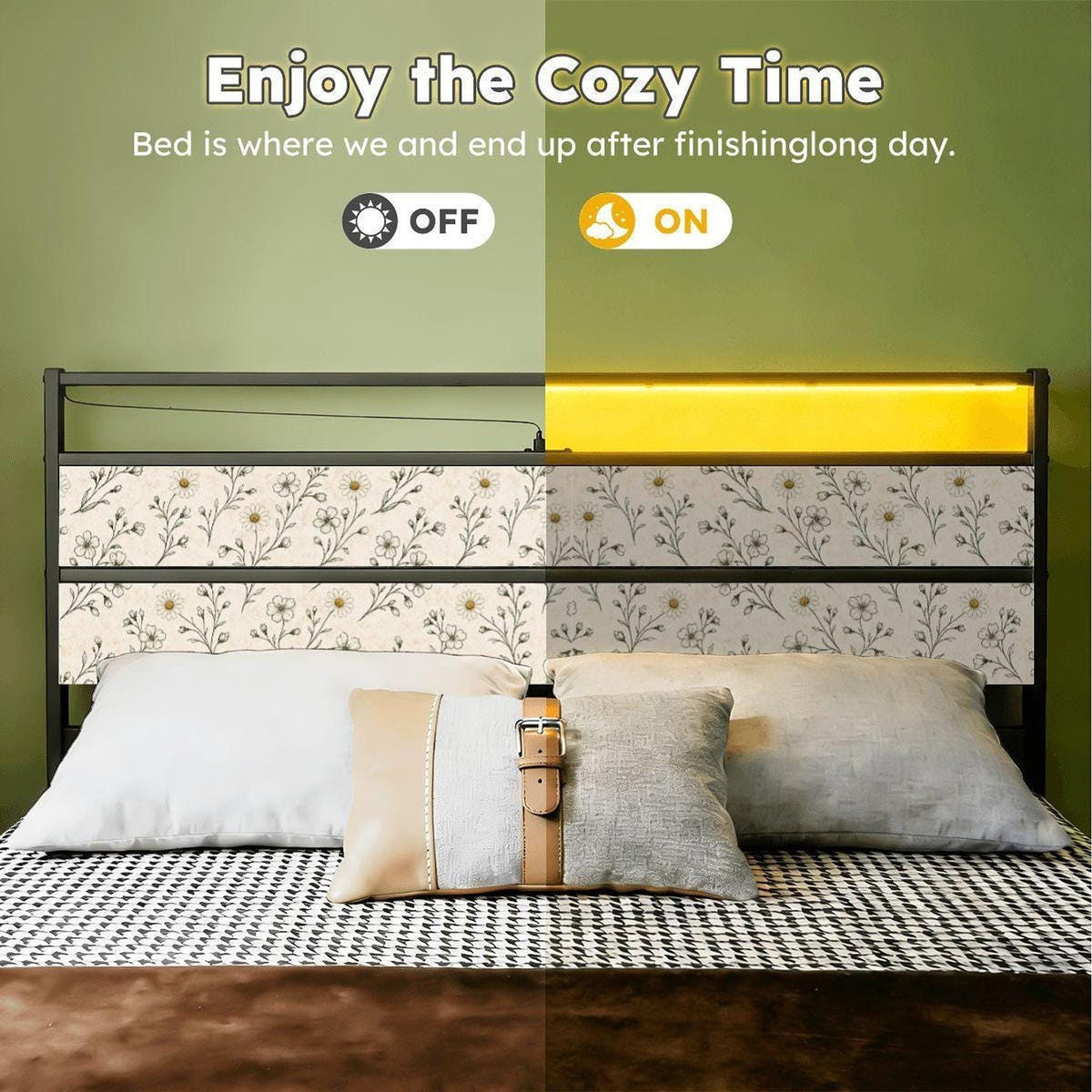 Floral Bed Frame, Iron and Wood Cottage Style with LED Lights