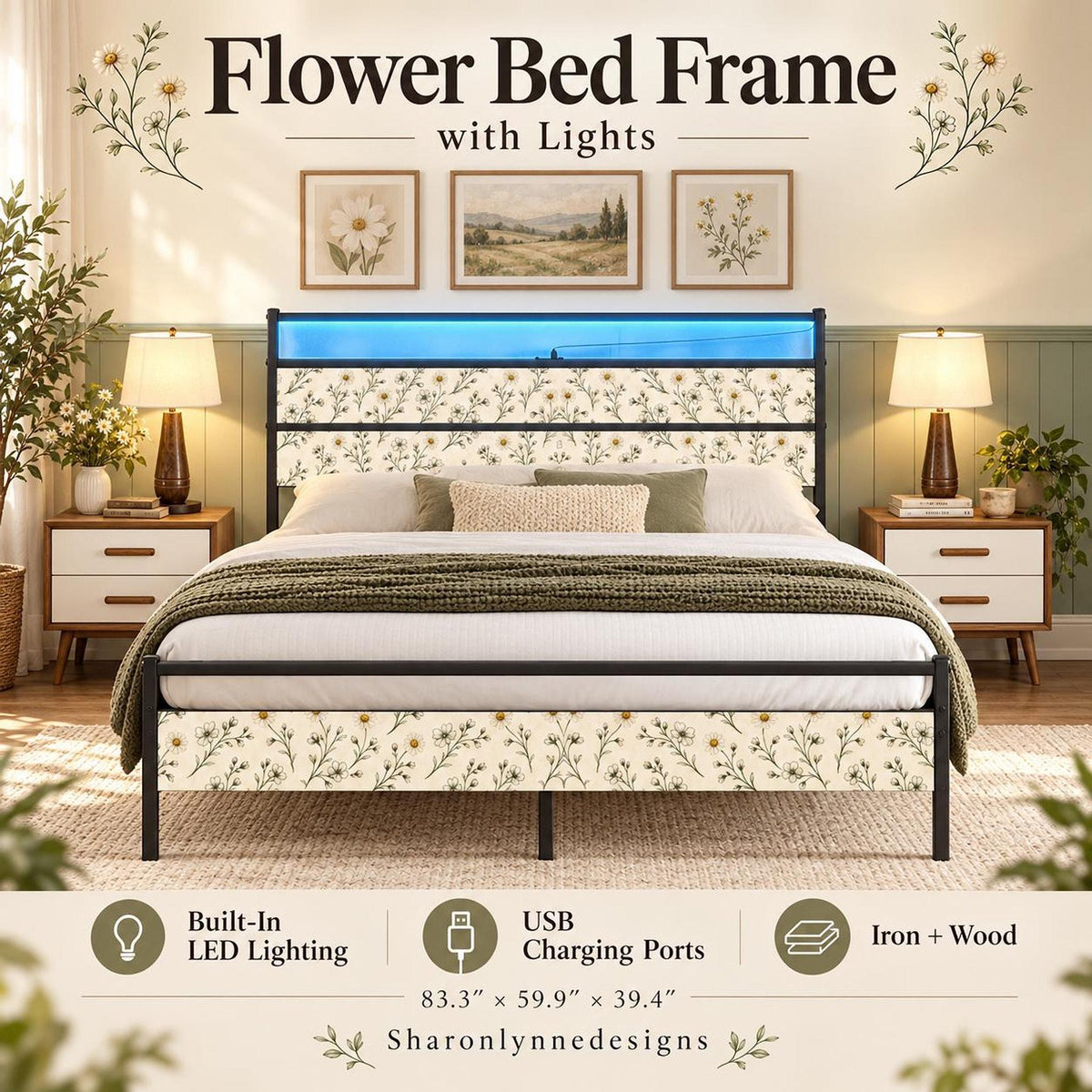 Floral Bed Frame, Iron and Wood Cottage Style with LED Lights