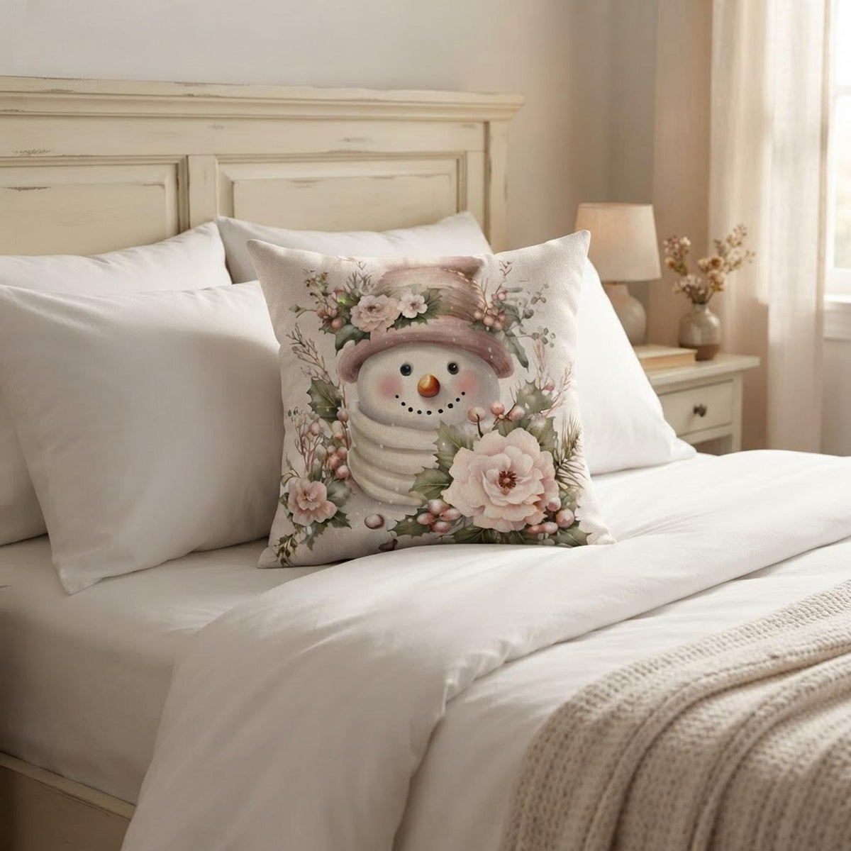 Floral Snowman Pillow, Square 100% Spun Polyester Cover, Double-Sided Print