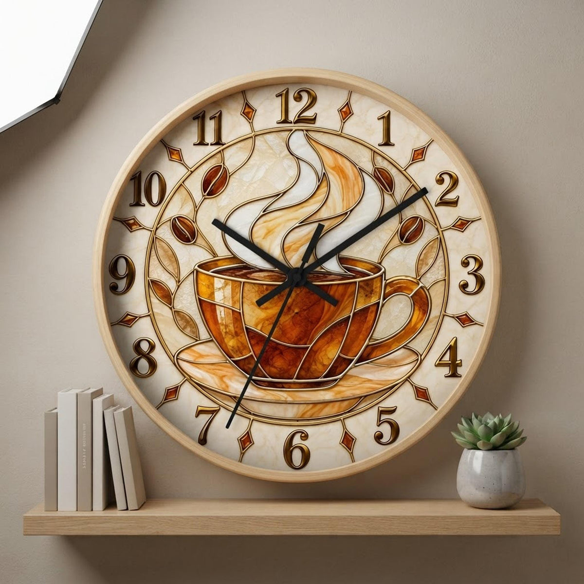 Coffee Cup Clock, 10-Inch Stained Glass Print with Silent Wall Mechanism
