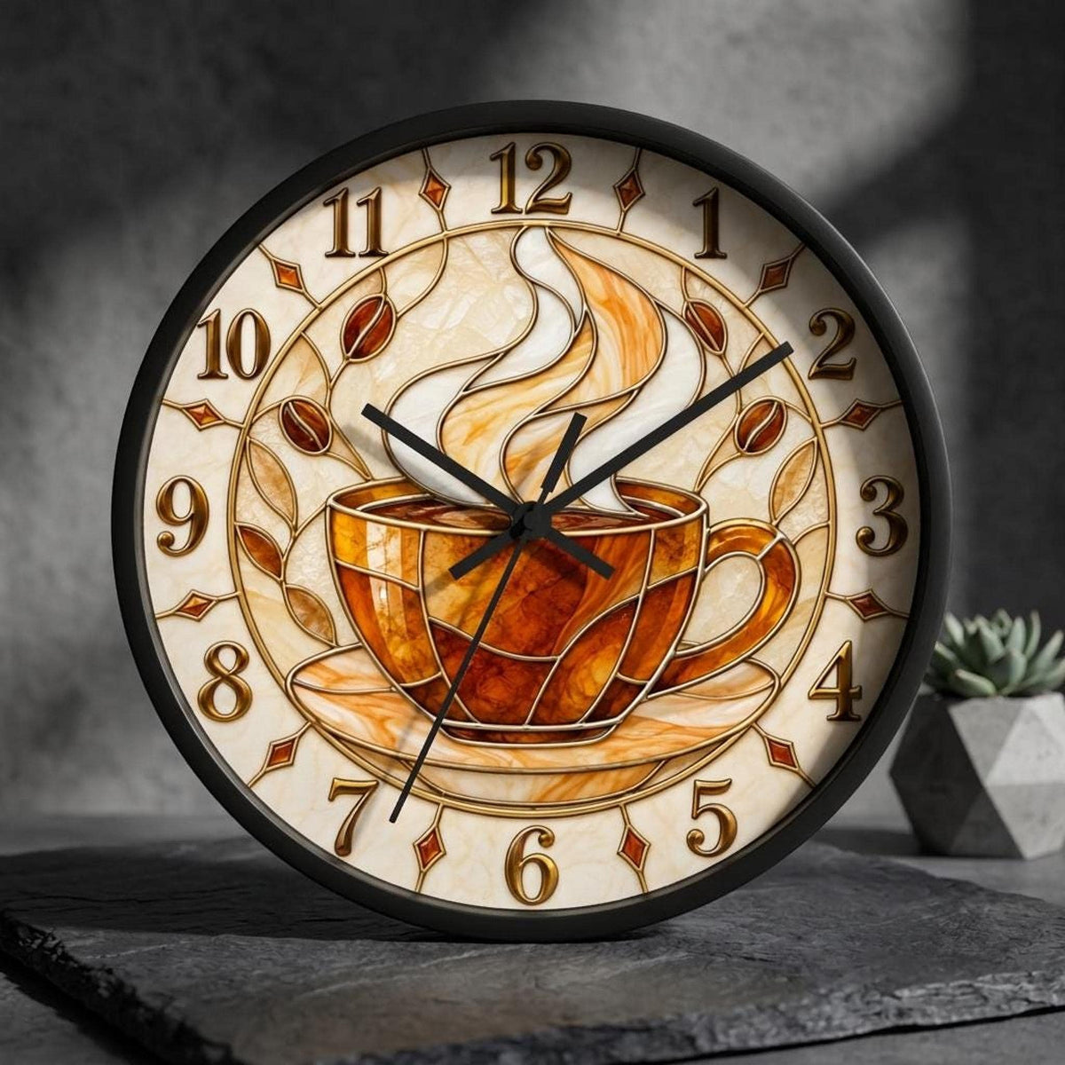 Coffee Cup Clock, 10-Inch Stained Glass Print with Silent Wall Mechanism