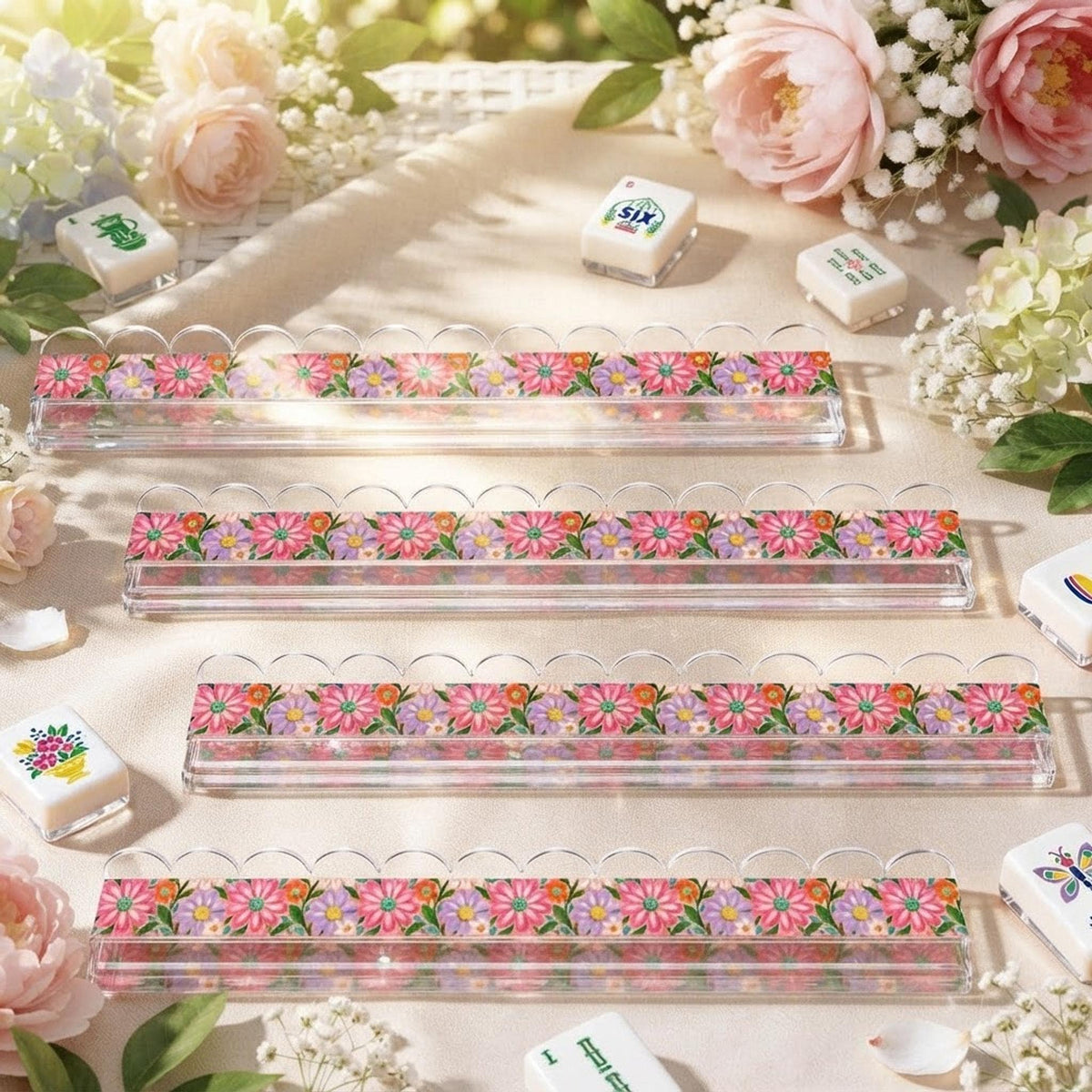 Dizzy Daisy Extended Mahjong Rack Set of 4  Scalloped Magnetic Tile Pusher