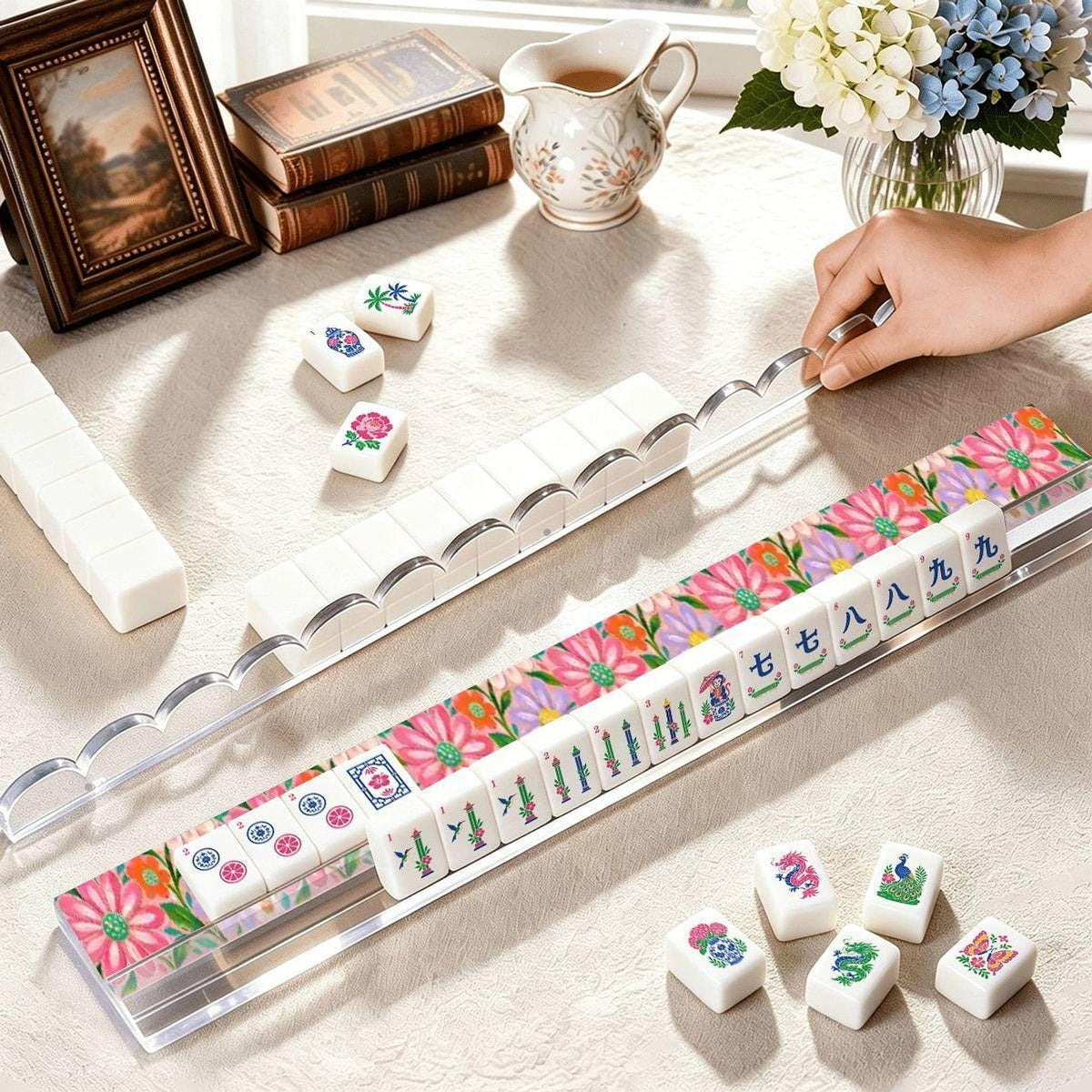 Dizzy Daisy Extended Mahjong Rack Set of 4  Scalloped Magnetic Tile Pusher