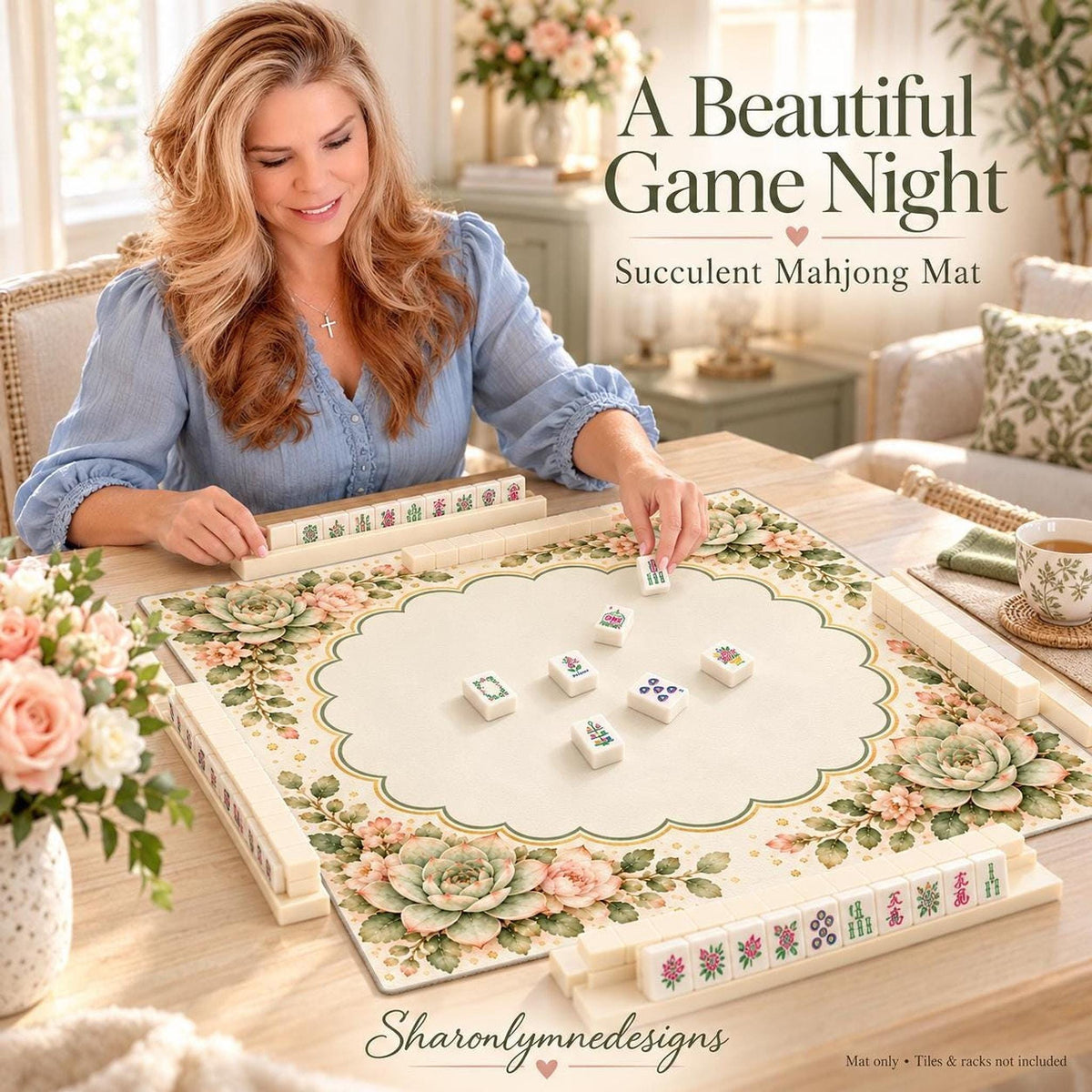 Floral Mahjong Mat, Watercolor Succulents on Polyester with Rubber Base