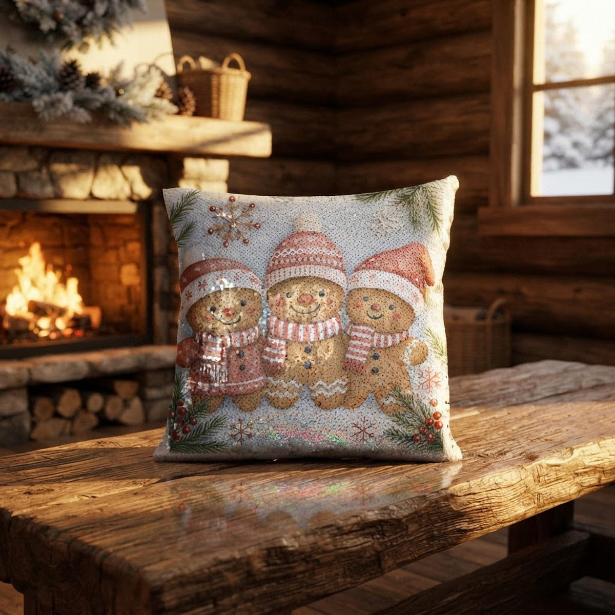 Gingerbread Man Sequin Pillow Cover, 15.5-Inch Reversible Christmas Cushion
