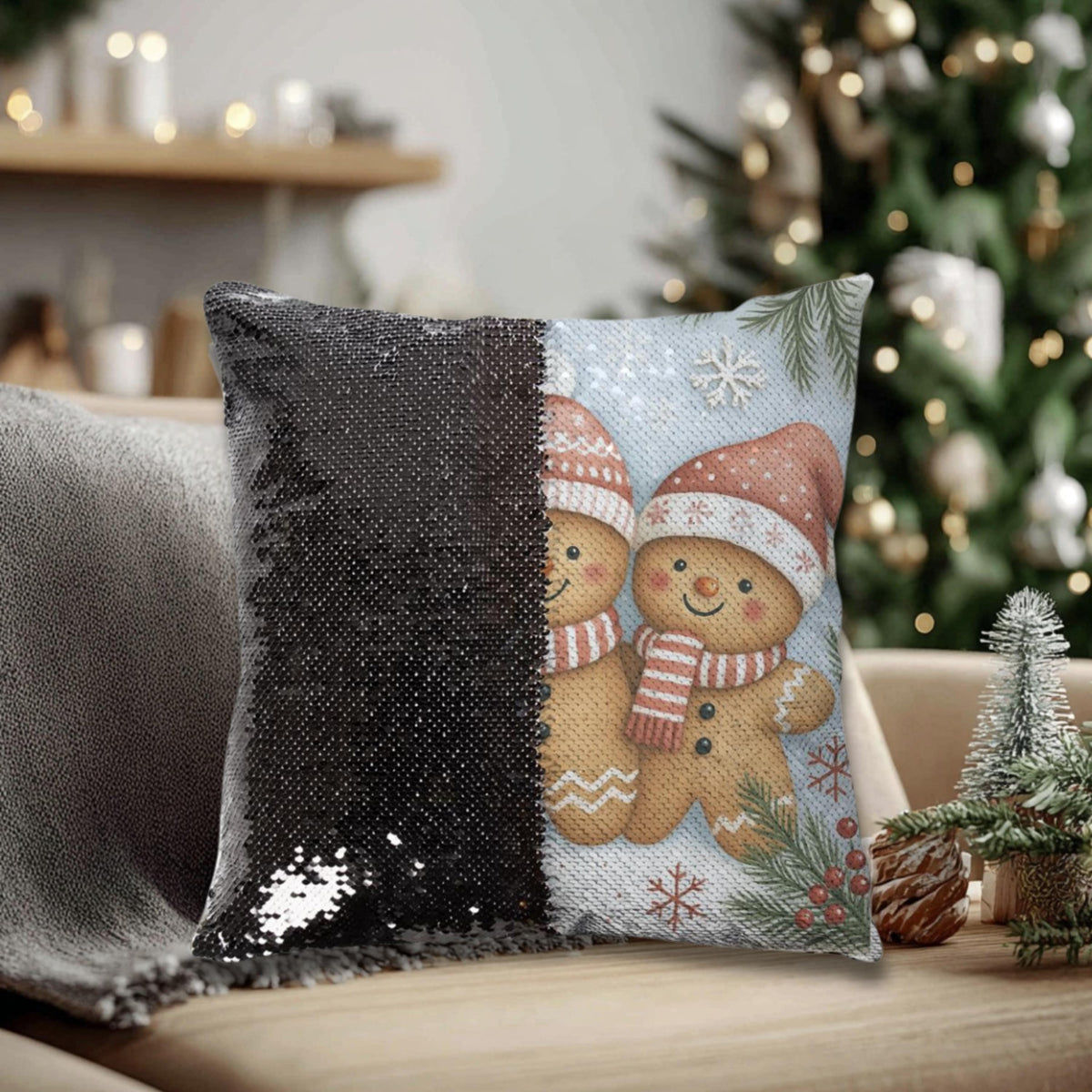 Gingerbread Man Sequin Pillow Cover, 15.5-Inch Reversible Christmas Cushion