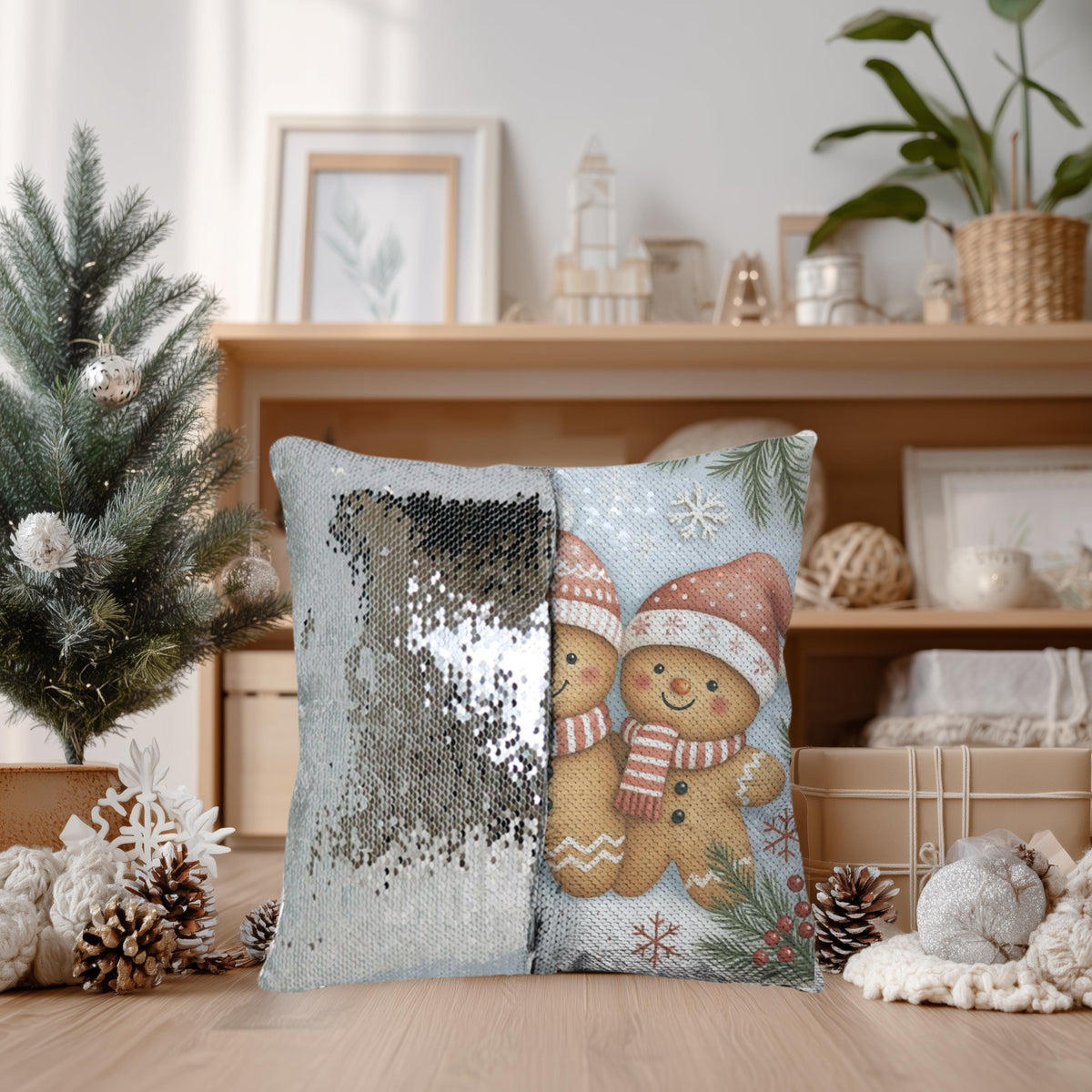 Gingerbread Man Sequin Pillow Cover, 15.5-Inch Reversible Christmas Cushion