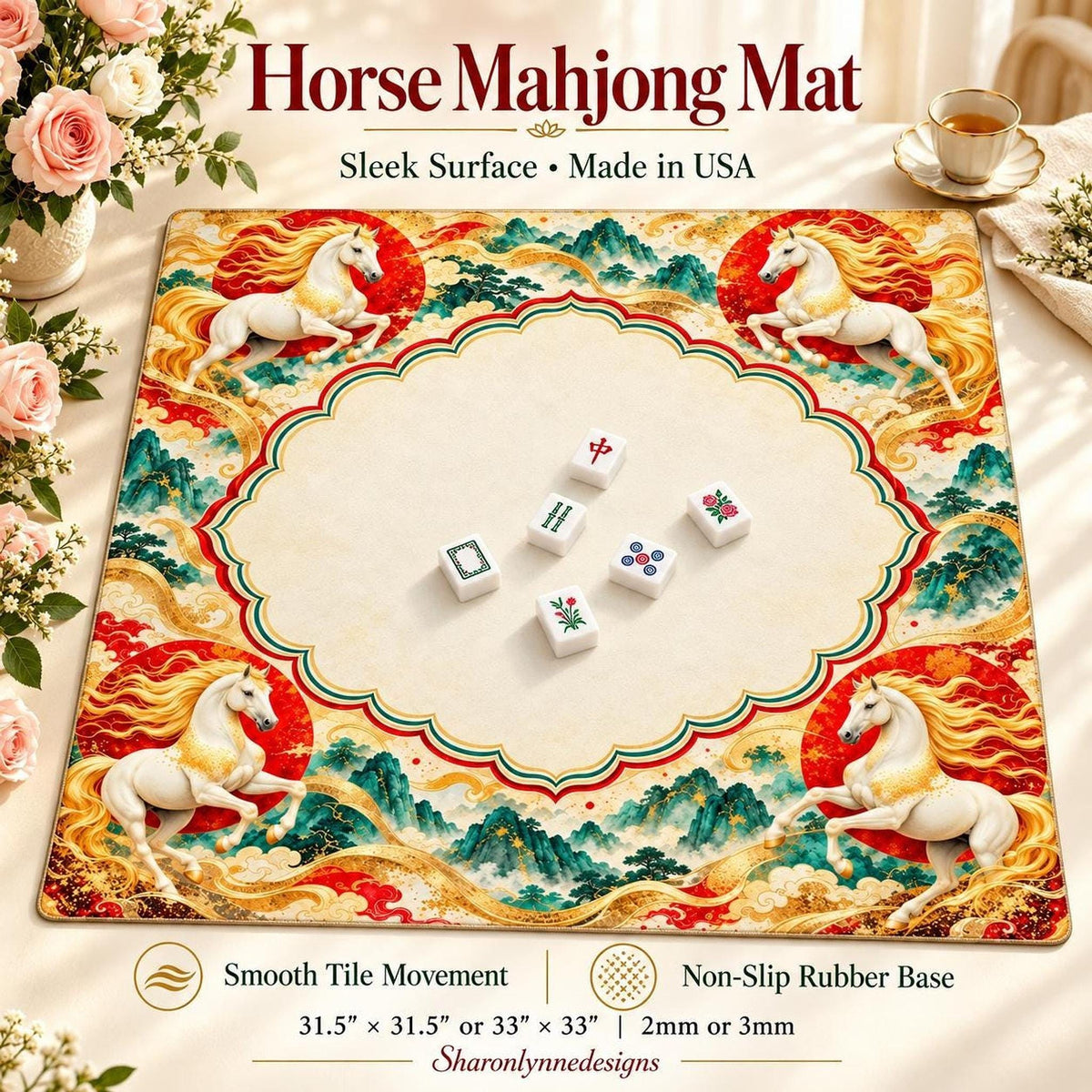 Horse Mahjong Mat, Polyester Surface with Rubber Backing and Storage Bag
