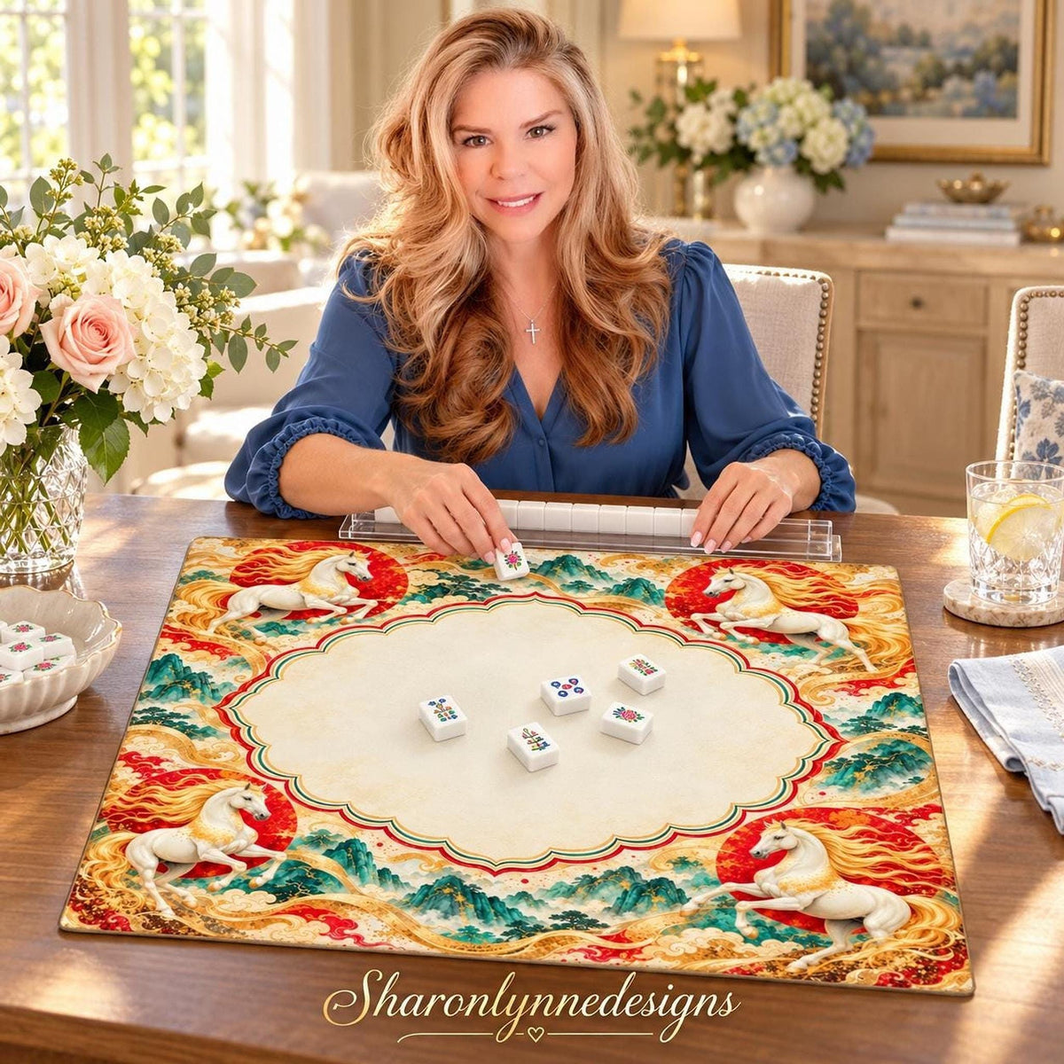 Horse Mahjong Mat, Polyester Surface with Rubber Backing and Storage Bag