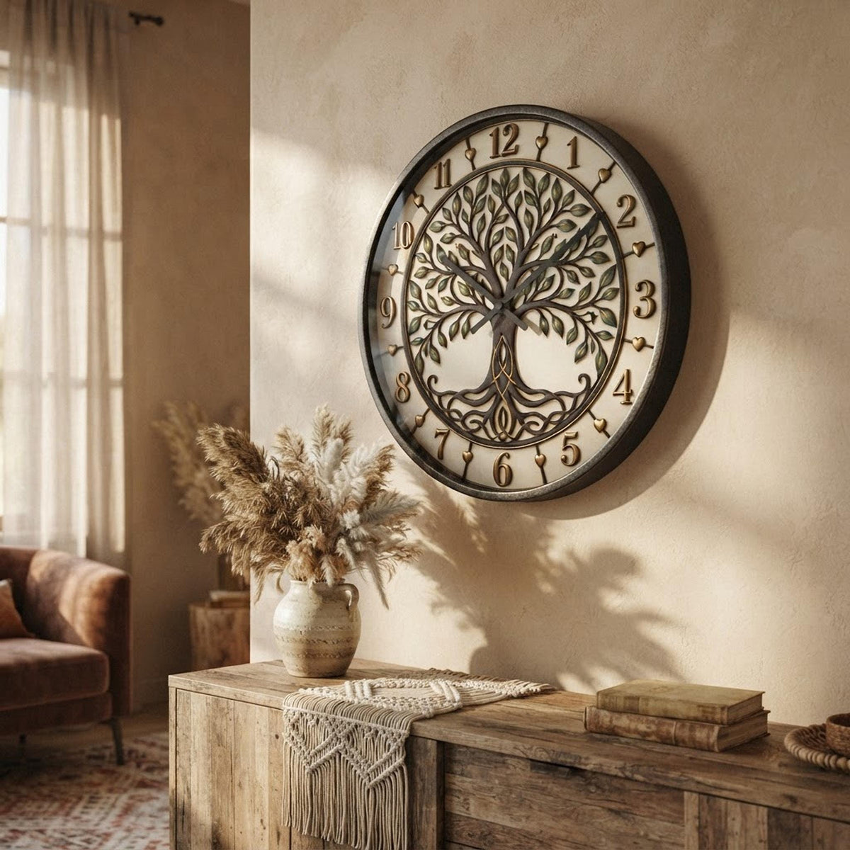 Celtic Tree of Life Wall Clock | Woodland Roots and Leaves, Rustic Numerals