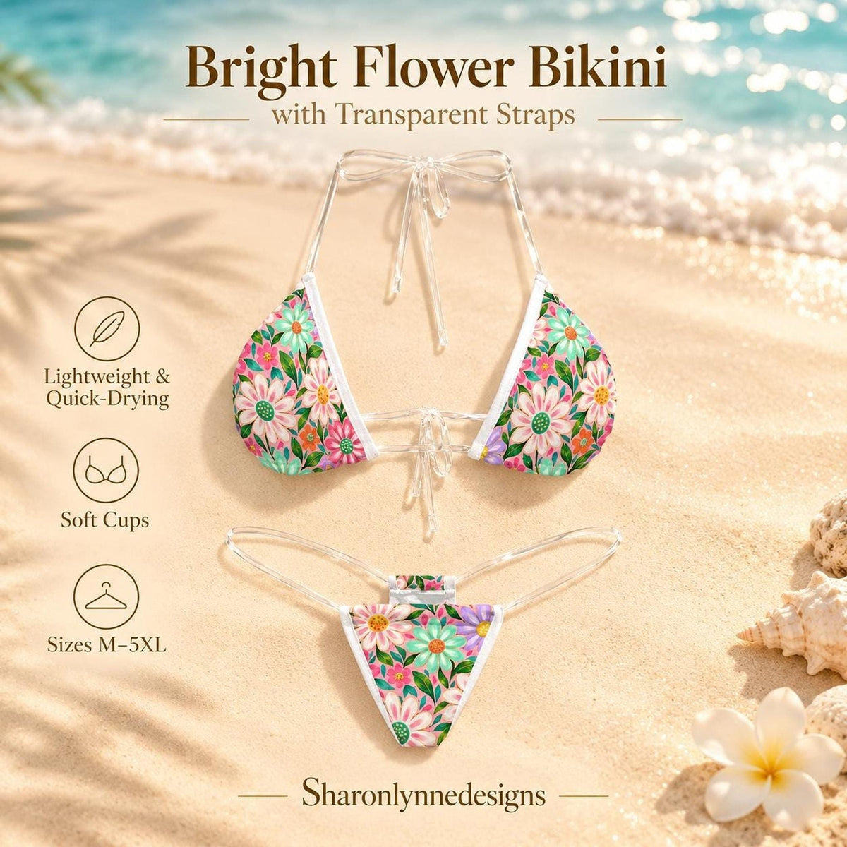 Bright Floral Bikini, Polyester Two-Piece Swimsuit With Clear Straps, M–5XL