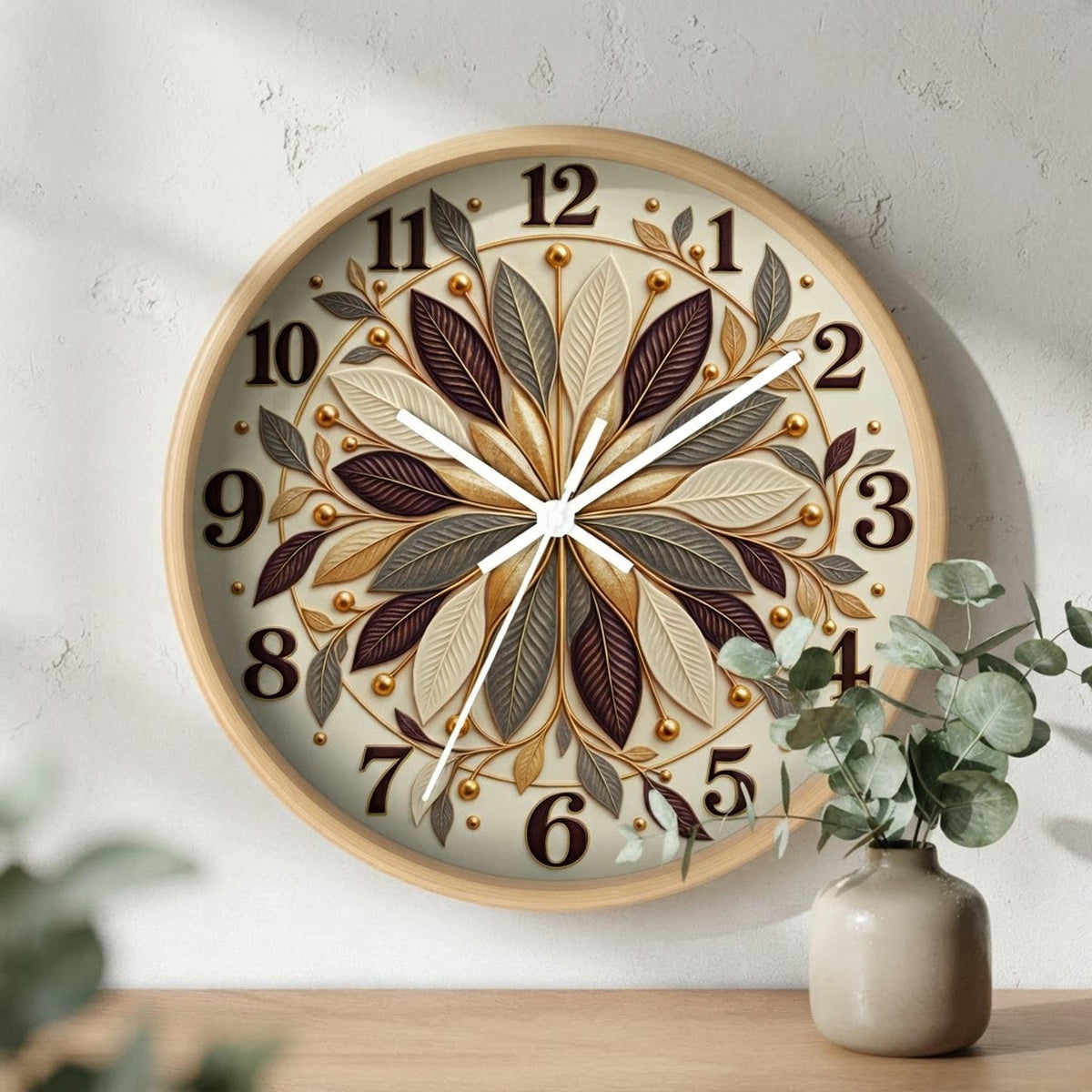Autumn Leaf Mandala Wall Clock, 10-Inch Plexiglass Floral Face