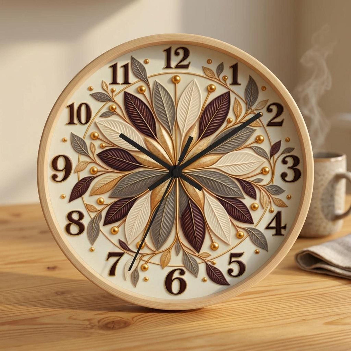 Autumn Leaf Mandala Wall Clock, 10-Inch Plexiglass Floral Face