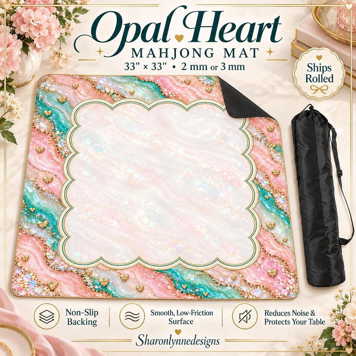 Opal Heart Mahjong Mat 33"x33" (Ship Rolled up)