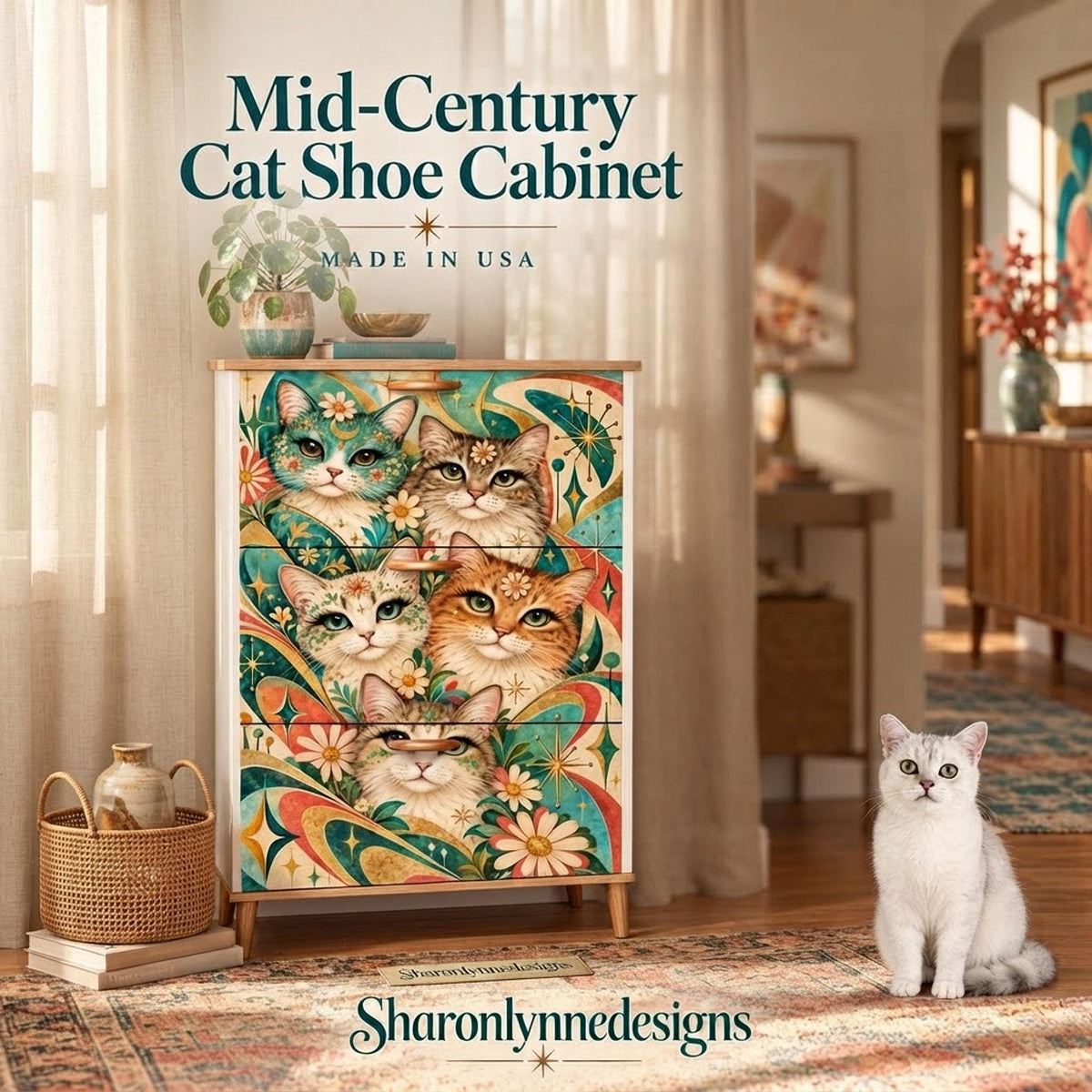 Cat Shoe Cabinet, MDF Storage with Three Foldable Drawers, Mid-Century Design