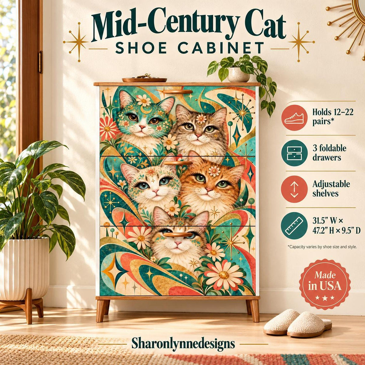Cat Shoe Cabinet, MDF Storage with Three Foldable Drawers, Mid-Century Design