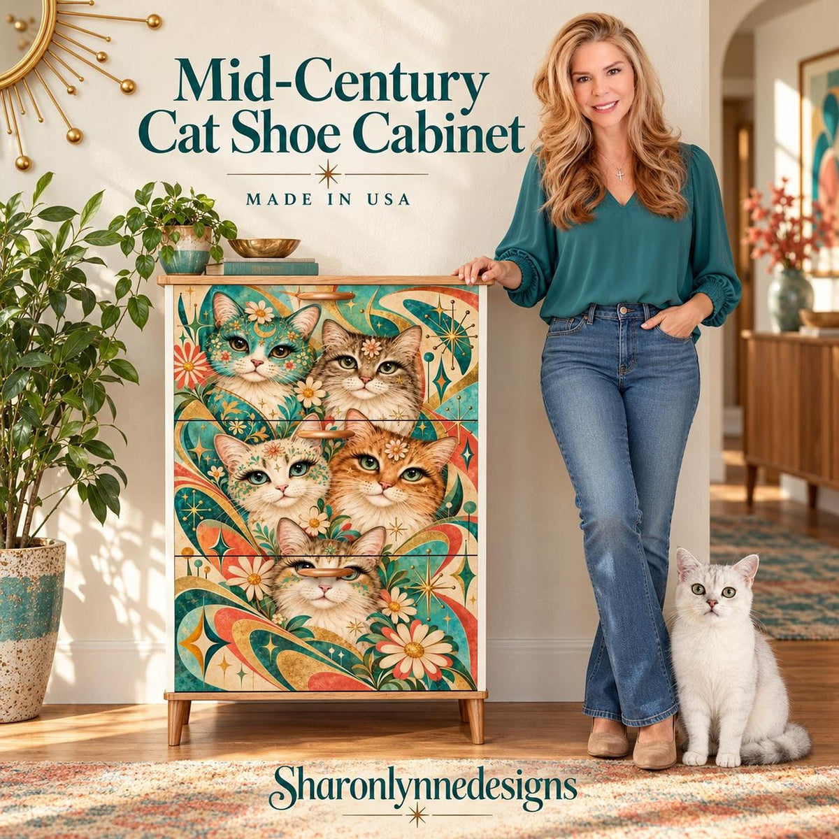 Cat Shoe Cabinet, MDF Storage with Three Foldable Drawers, Mid-Century Design