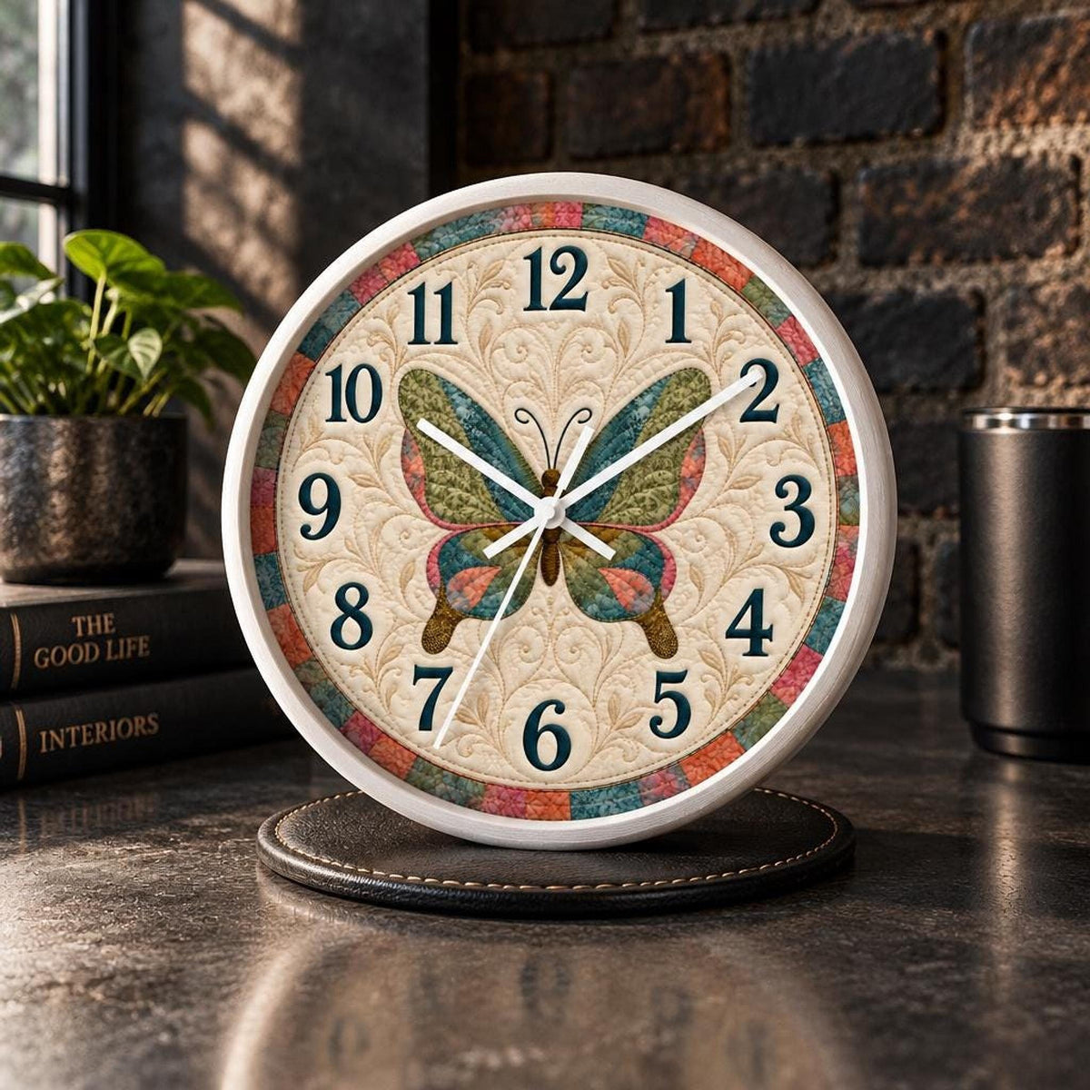 Butterfly Clock, 10-Inch Wood Frame Floral Wall with Silent Mechanism