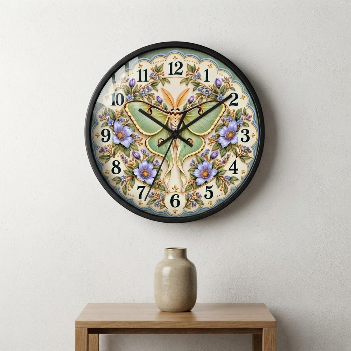 Luna Moth Floral Wall Clock, 10-Inch Botanical Illustration with Silent Movement