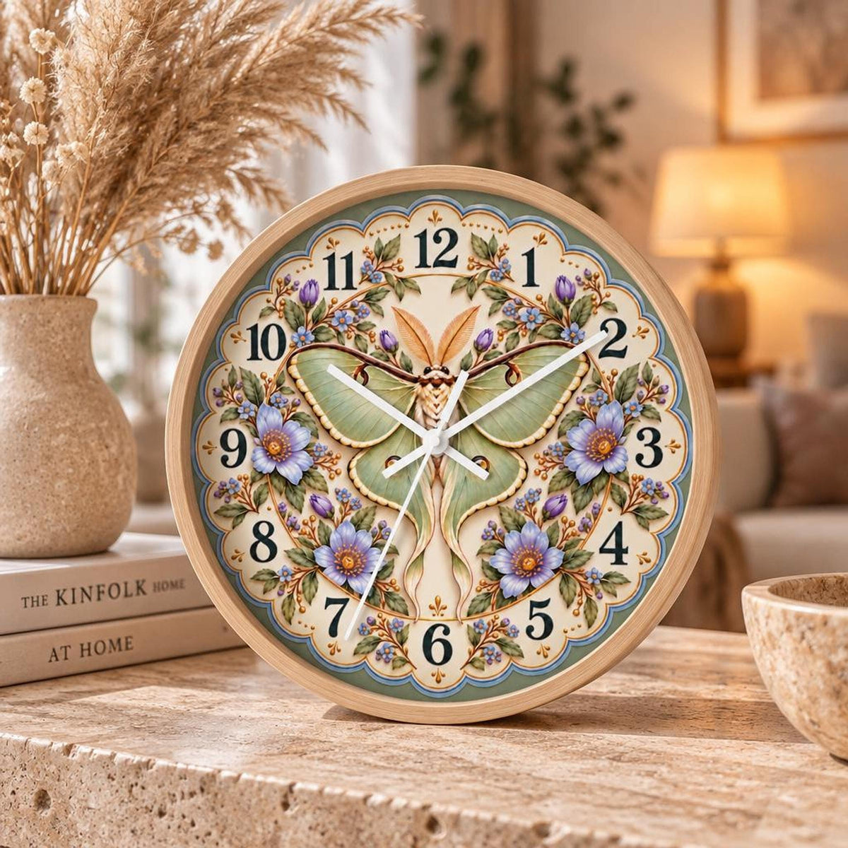 Luna Moth Floral Wall Clock, 10-Inch Botanical Illustration with Silent Movement