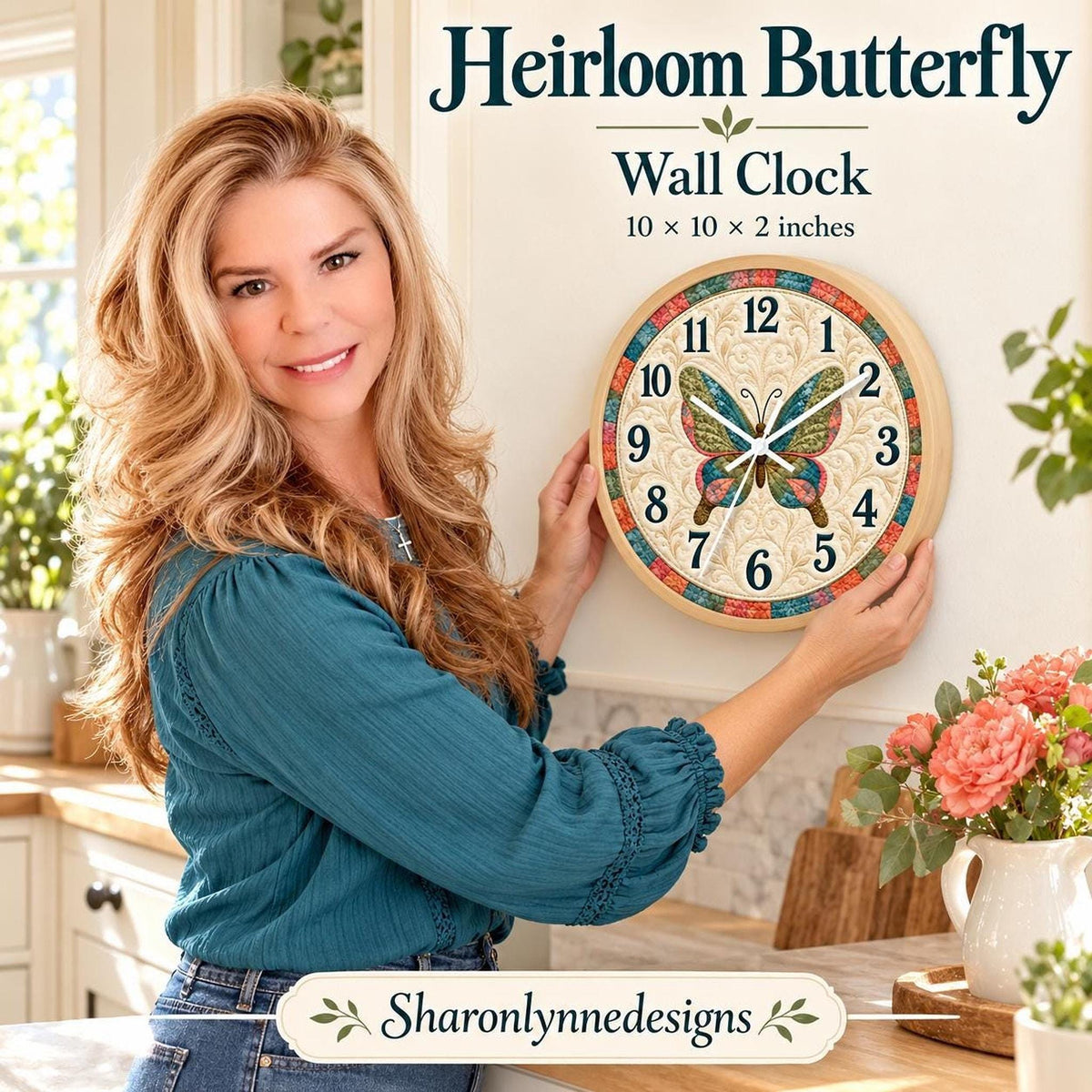Butterfly Clock, 10-Inch Wood Frame Floral Wall with Silent Mechanism