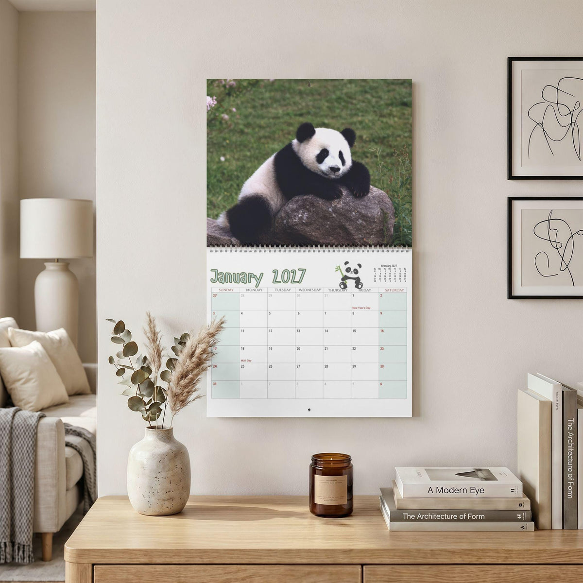 Panda 2027 Wall Calendar, Spiral Bound With Writable Monthly Grids