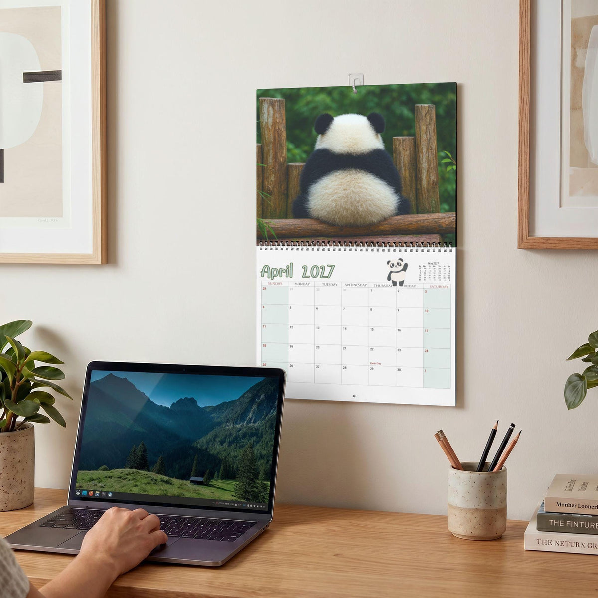 Panda 2027 Wall Calendar, Spiral Bound With Writable Monthly Grids