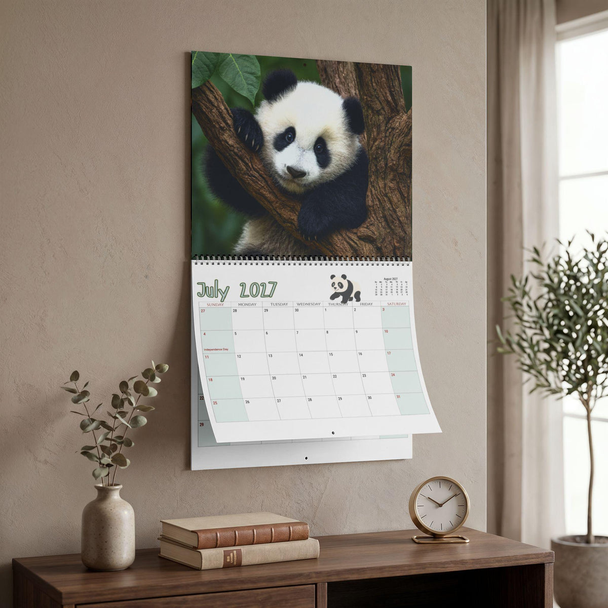 Panda 2027 Wall Calendar, Spiral Bound With Writable Monthly Grids