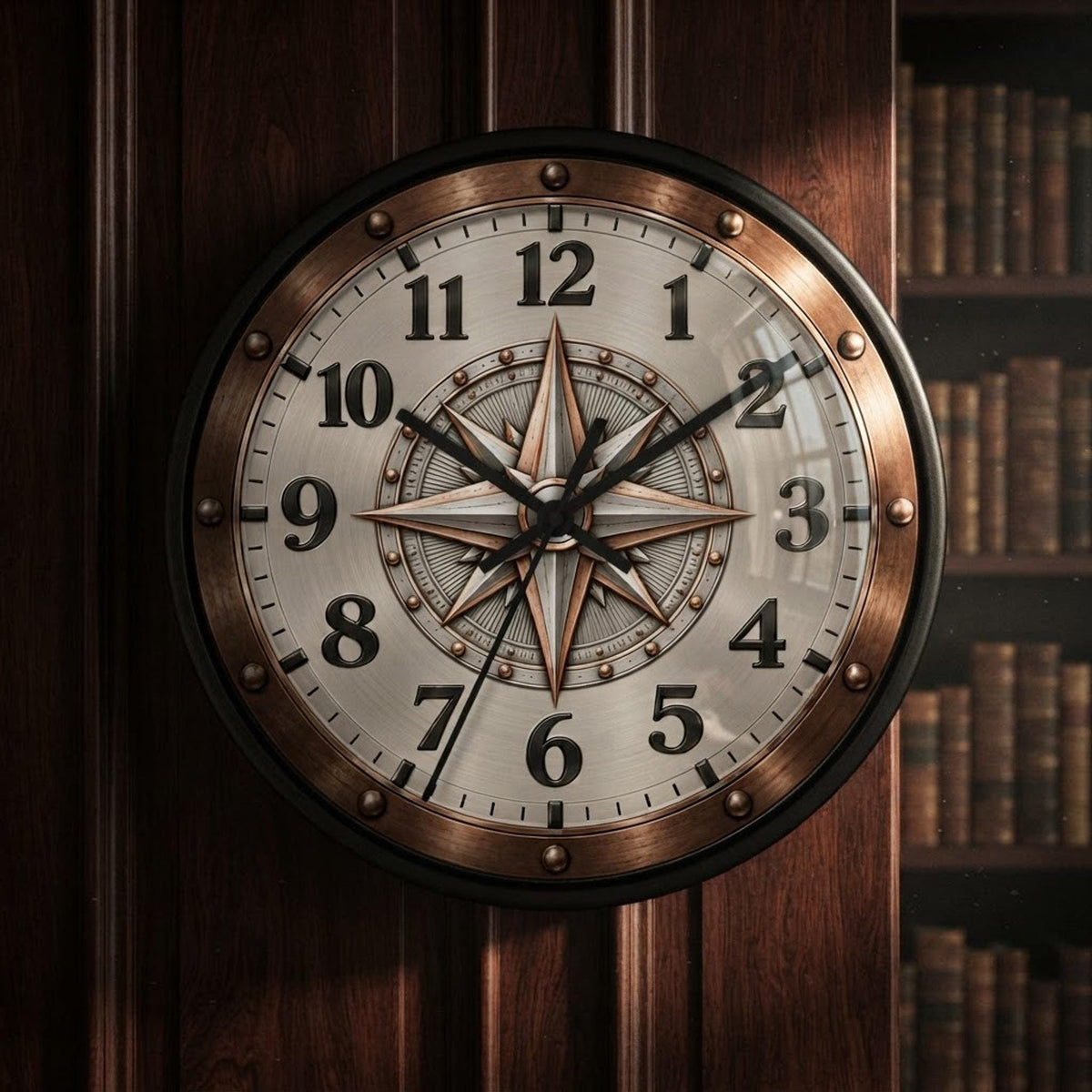 Compass Wall Clock, 10-Inch Wood Frame with Silent Movement
