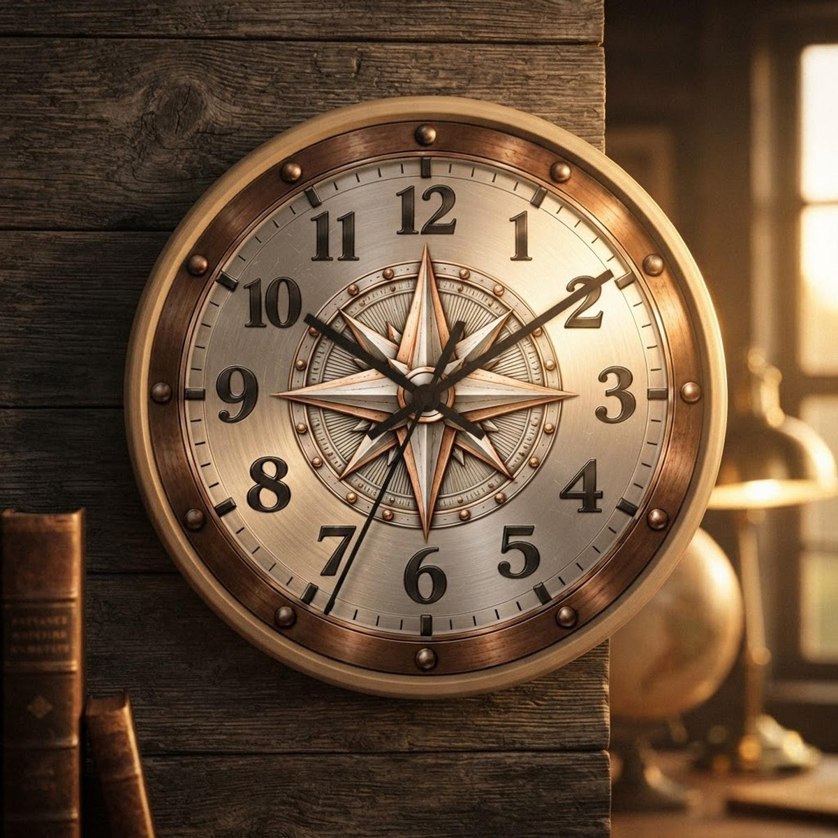 Compass Wall Clock, 10-Inch Wood Frame with Silent Movement