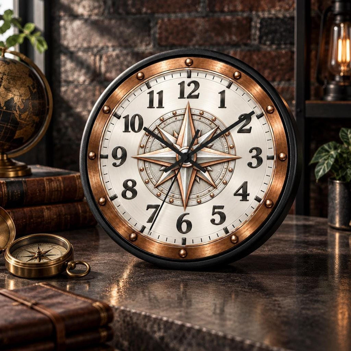 Compass Wall Clock, 10-Inch Wood Frame with Silent Movement