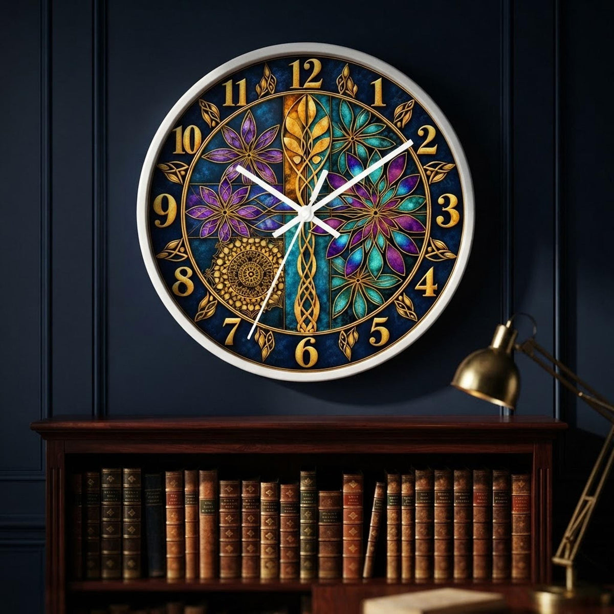 Stained Glass Clock, 10-Inch Celtic Floral Design With Wood Frame