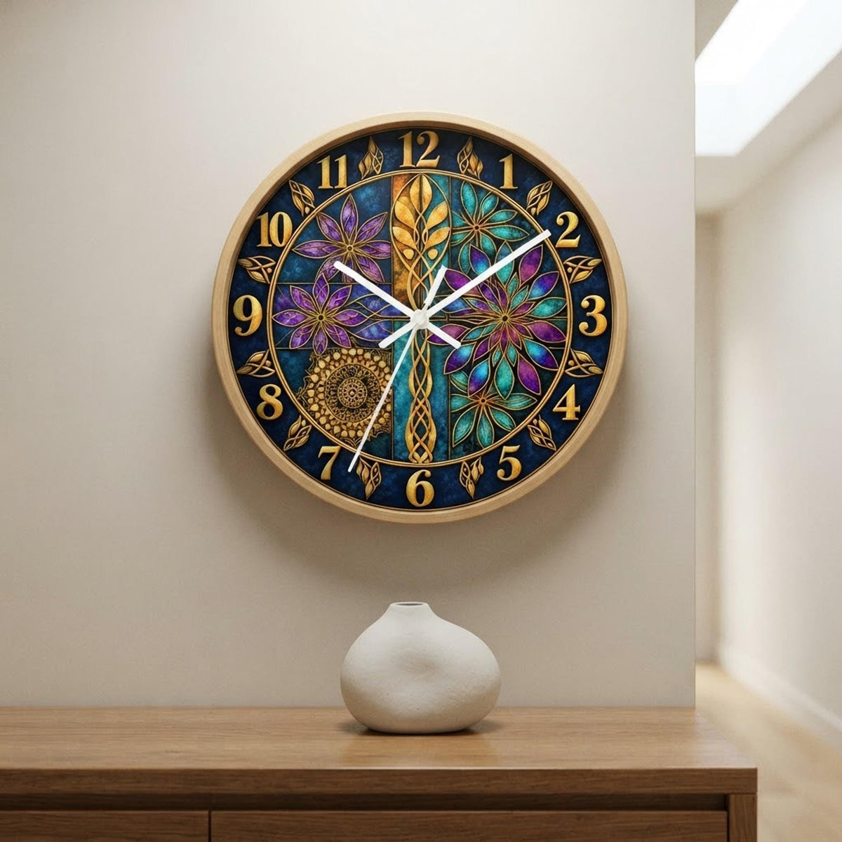 Stained Glass Clock, 10-Inch Celtic Floral Design With Wood Frame