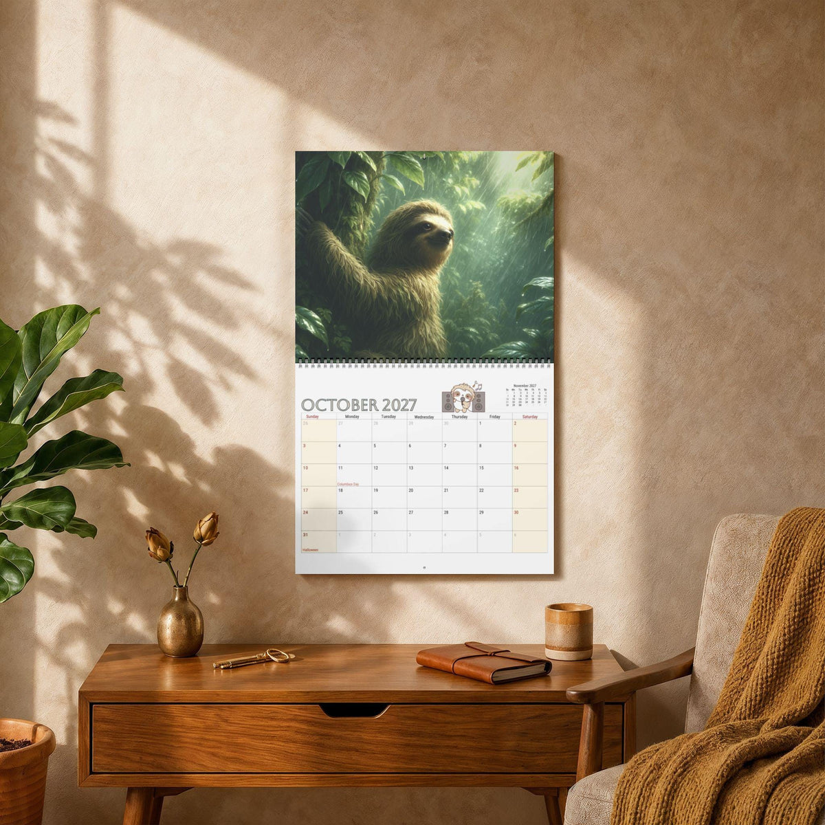 2027 Sloth Wall Calendar | Vibrant Rainforest Illustrations, Writable Planner (Spiral Bound)