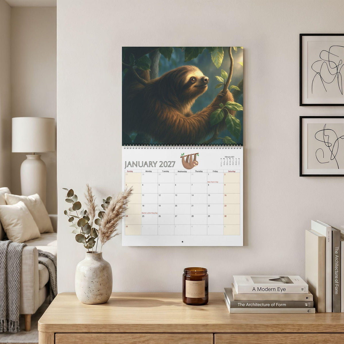 2027 Sloth Wall Calendar | Vibrant Rainforest Illustrations, Writable Planner (Spiral Bound)