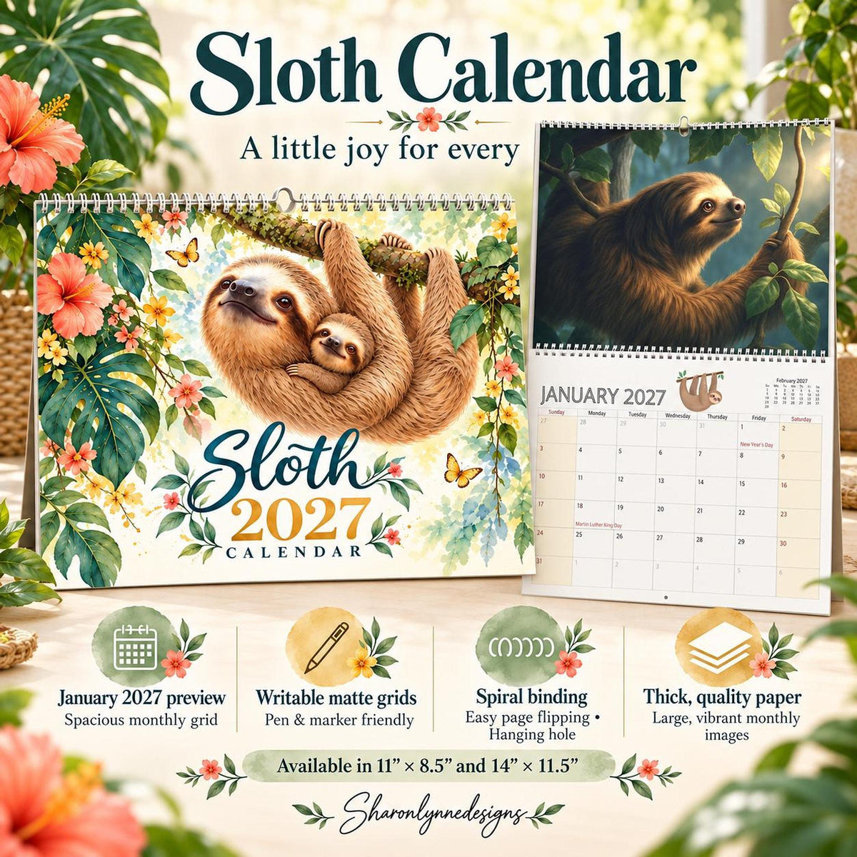 2027 Sloth Wall Calendar | Vibrant Rainforest Illustrations, Writable Planner (Spiral Bound)