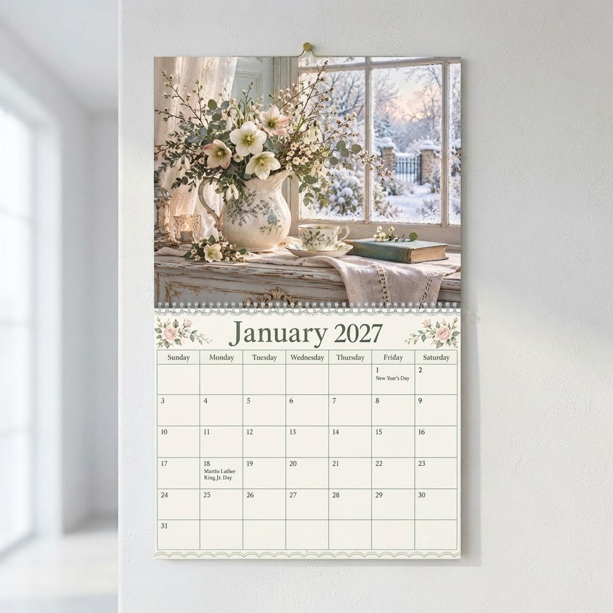 2027 Floral Wall Calendar, Shabby Rose Cottage Art with Blank Writable Pages