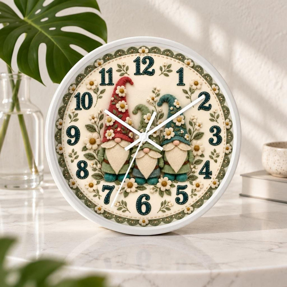 Whimsical Gnome Floral Wall Clock