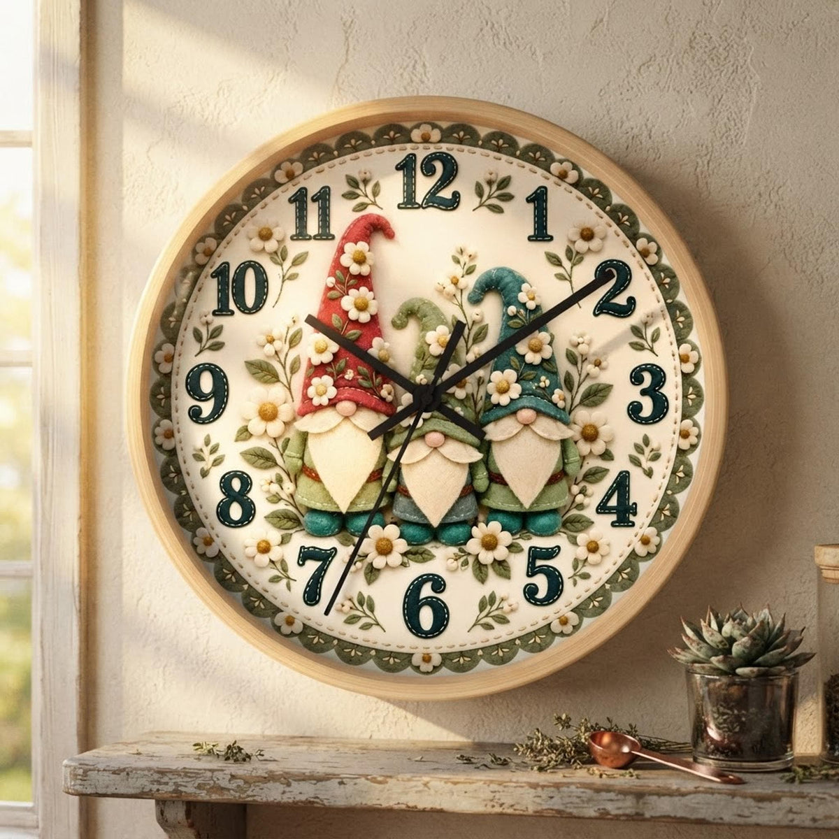 Whimsical Gnome Floral Wall Clock