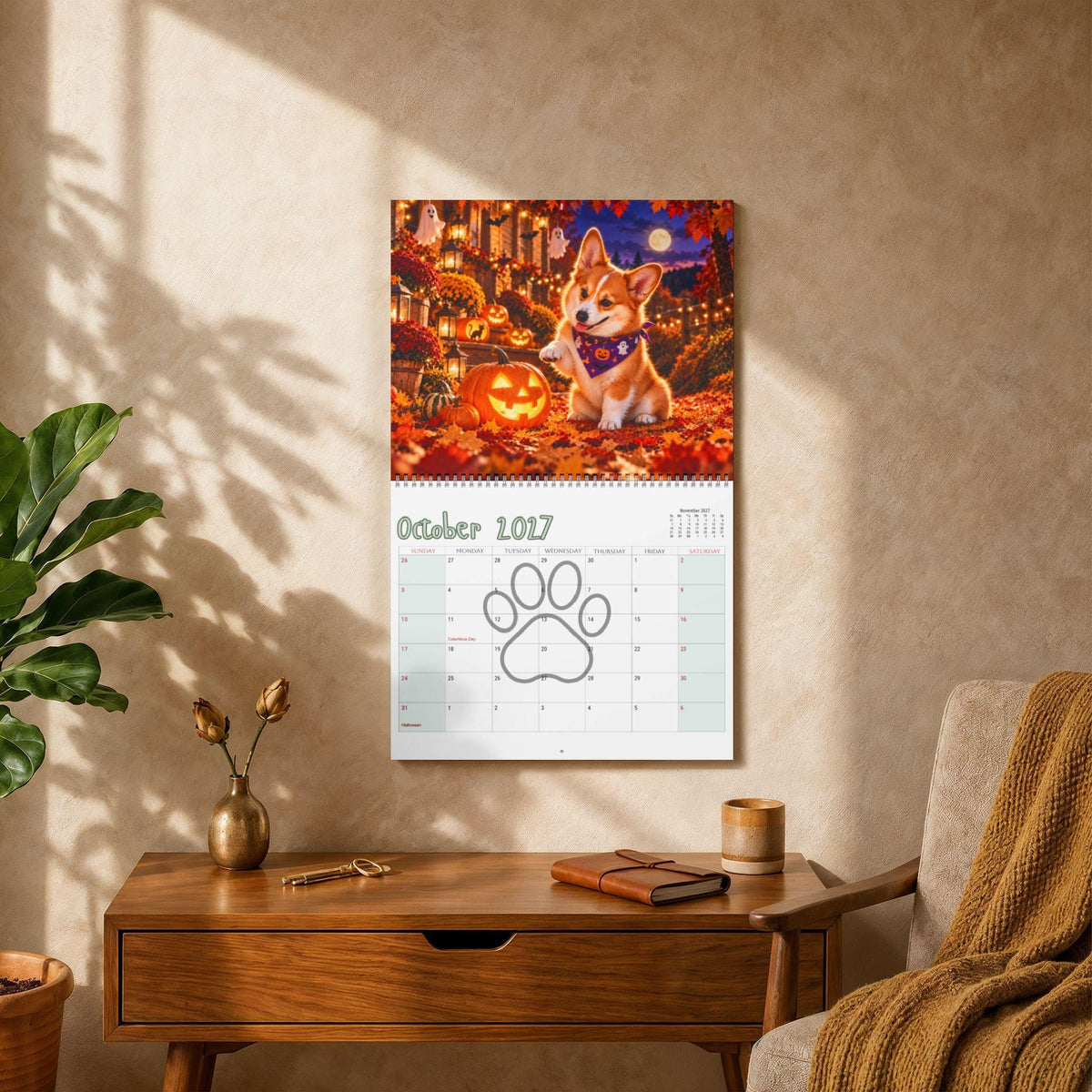 Curious Corgi 2027 Wall Calendar | Writable Monthly Grids, Spiral Bound