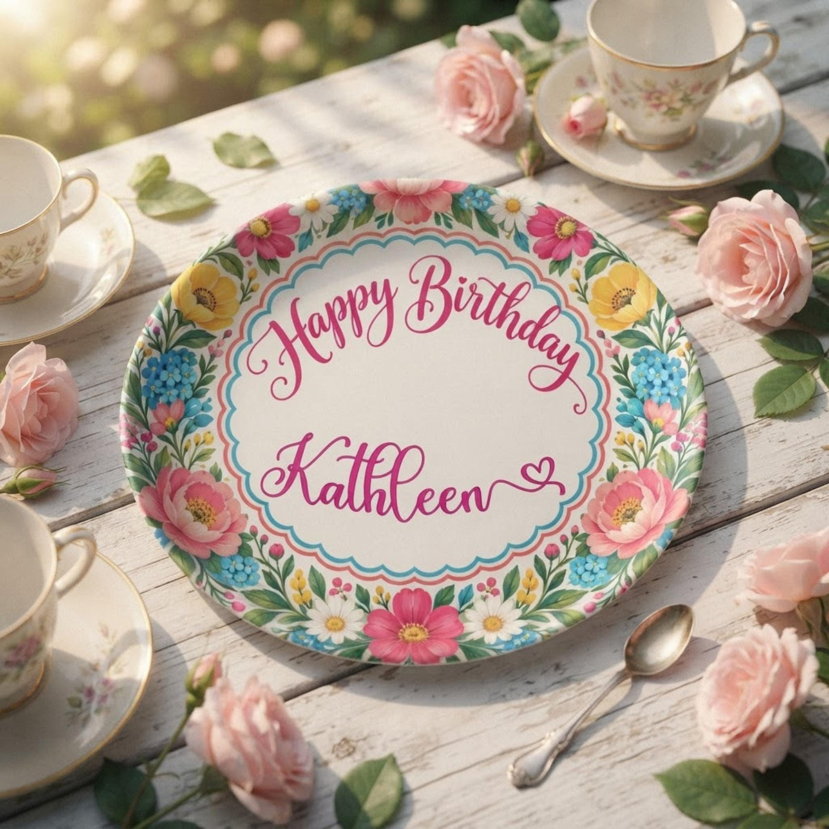 Happy Birthday Plate, 10-Inch Polymer Dinnerware with Floral Scalloped Border