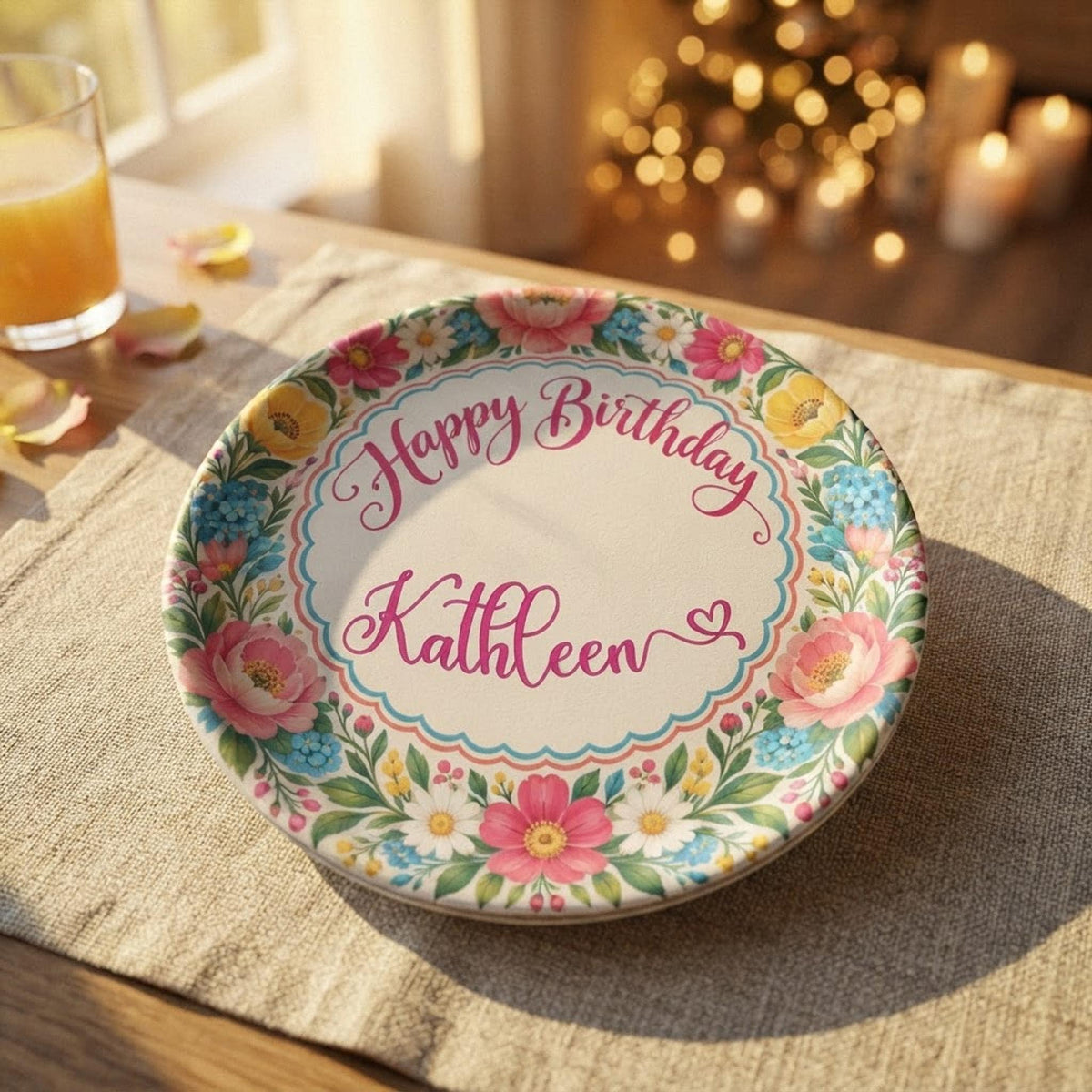 Happy Birthday Plate, 10-Inch Polymer Dinnerware with Floral Scalloped Border