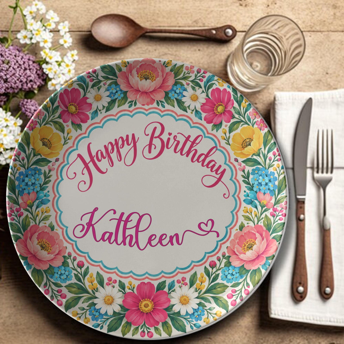 Happy Birthday Plate, 10-Inch Polymer Dinnerware with Floral Scalloped Border