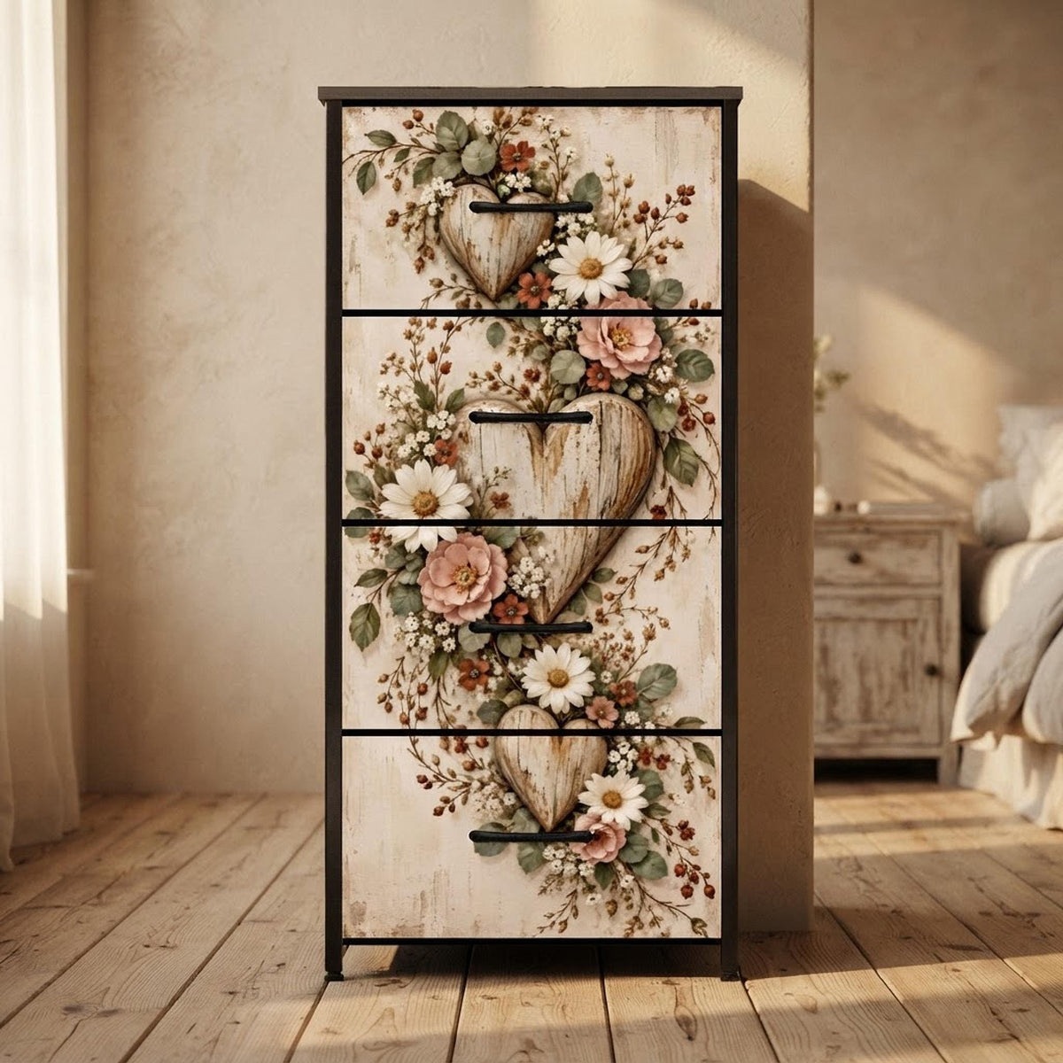 Rustic Floral 4 Drawer Dresser, Slim Fabric Storage with Steel Frame
