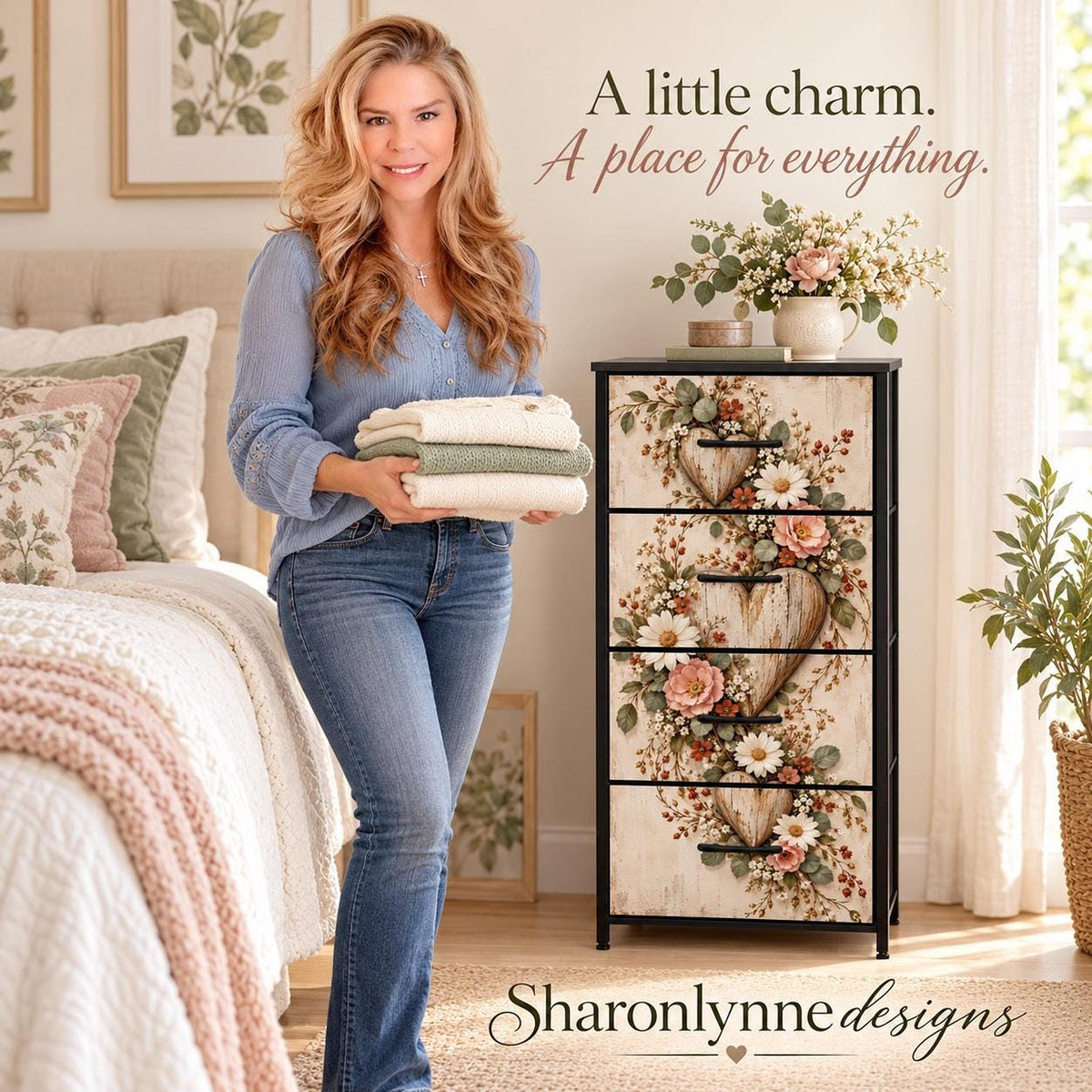 Rustic Floral 4 Drawer Dresser, Slim Fabric Storage with Steel Frame