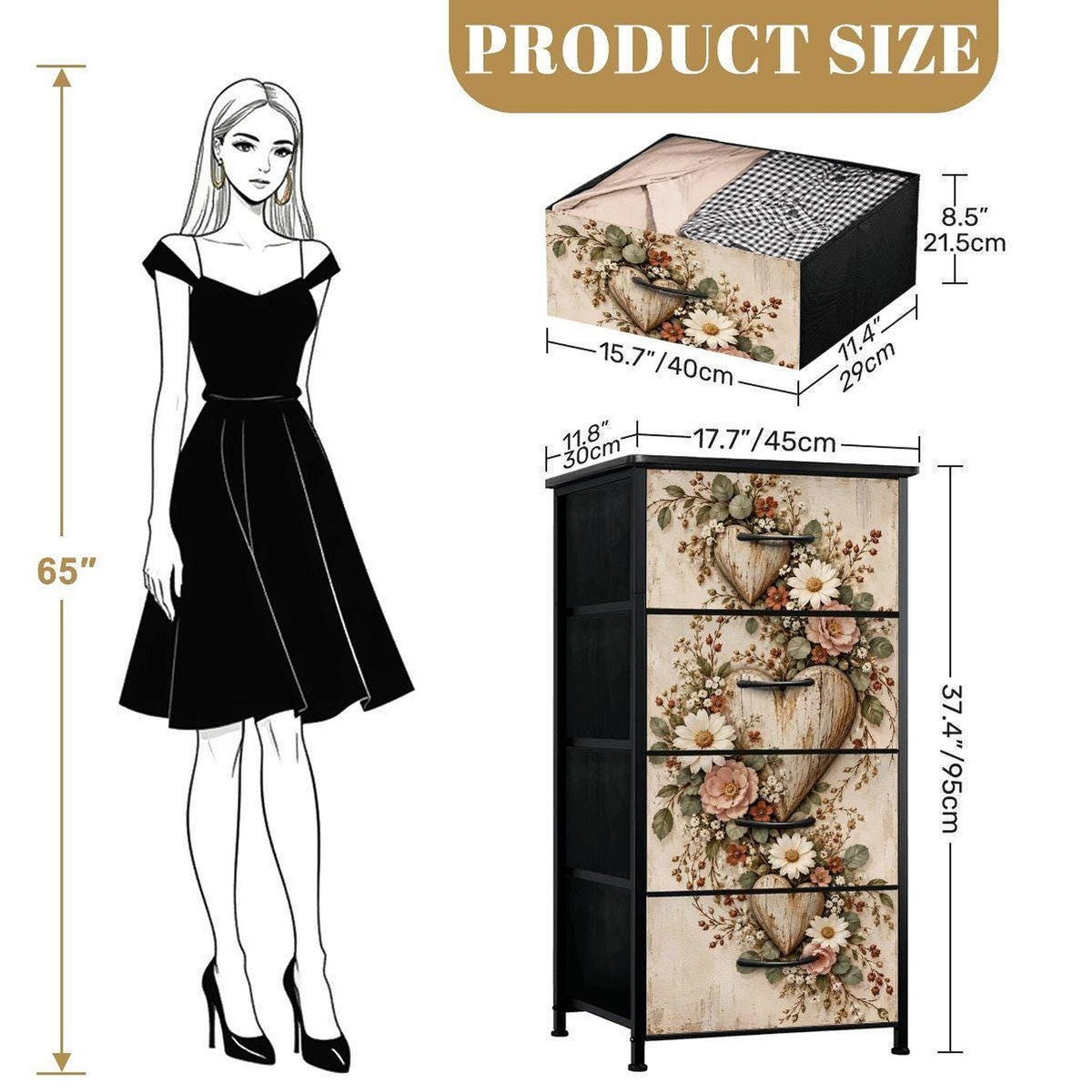 Rustic Floral 4 Drawer Dresser, Slim Fabric Storage with Steel Frame