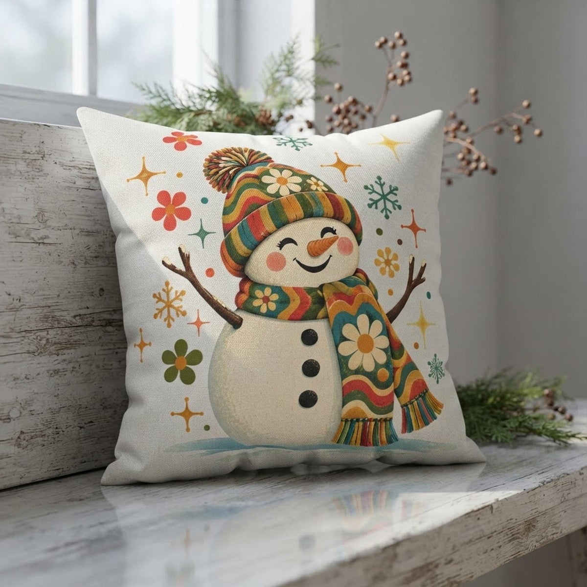 Retro Floral Snowman Faux Suede Pillow | Cozy Winter Holiday Decor